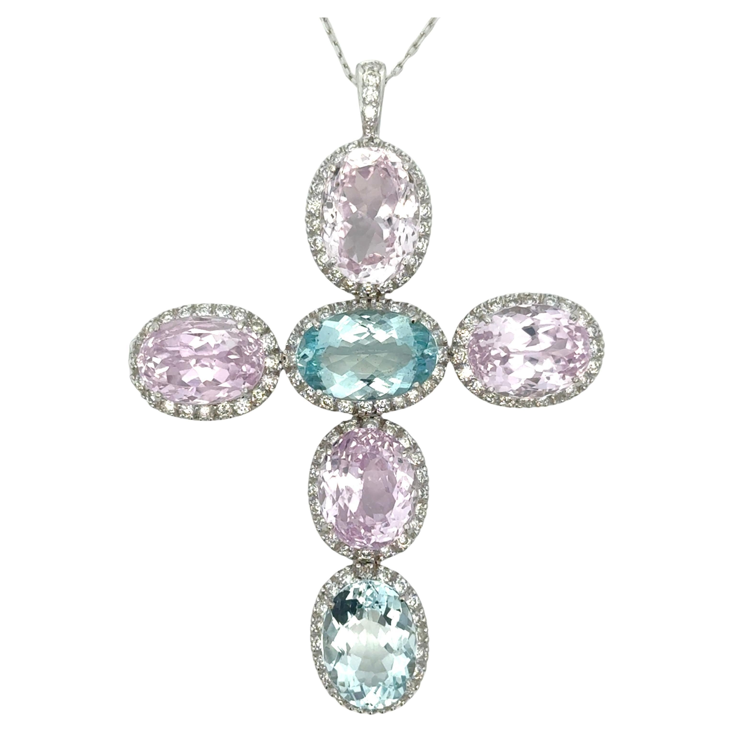 18K White Gold, Kunzite, Aquamarine and Diamond Large Cross Necklace
