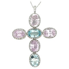 18K White Gold, Kunzite, Aquamarine and Diamond Large Cross Necklace