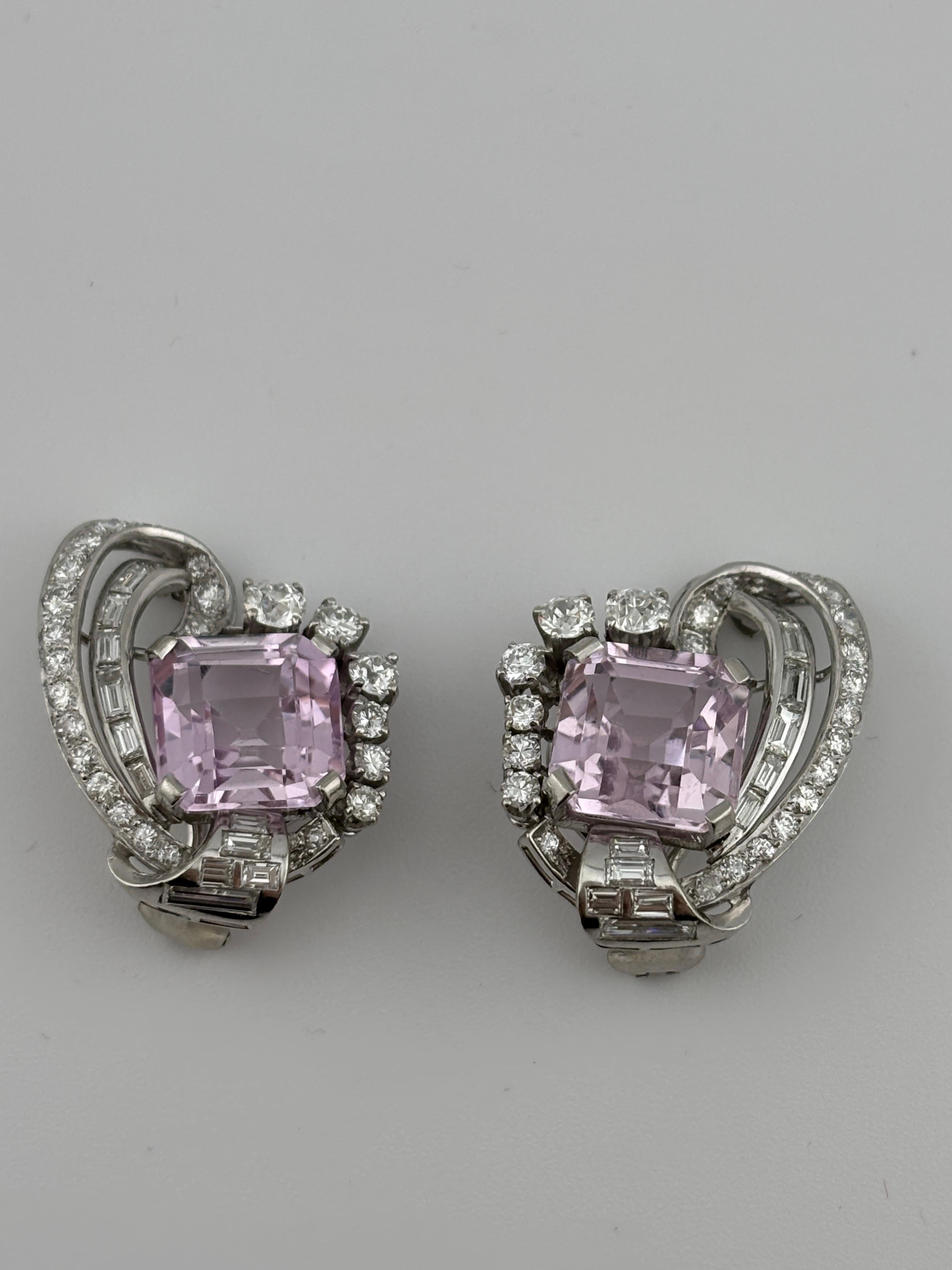 These kunzite and diamond earrings set in 18k white gold truly exude elegance and sophistication. Kunzite, with its gentle pink to violet tones, is a stone that embodies romance and delicacy. The soft, pastel colors of kunzite are often associated