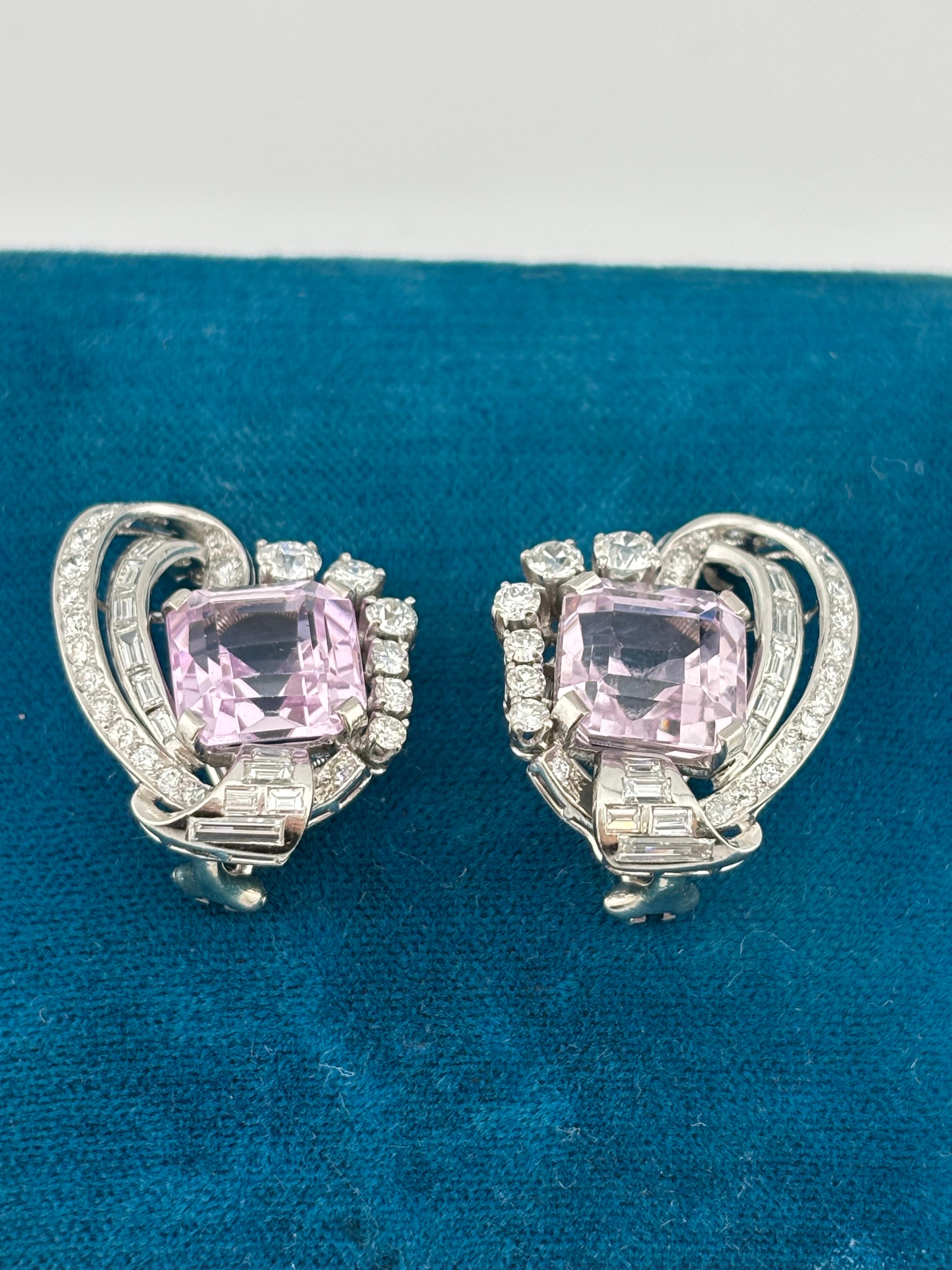 Brilliant Cut 18k White Gold Kunzite & Diamond Earrings/Clip On For Sale