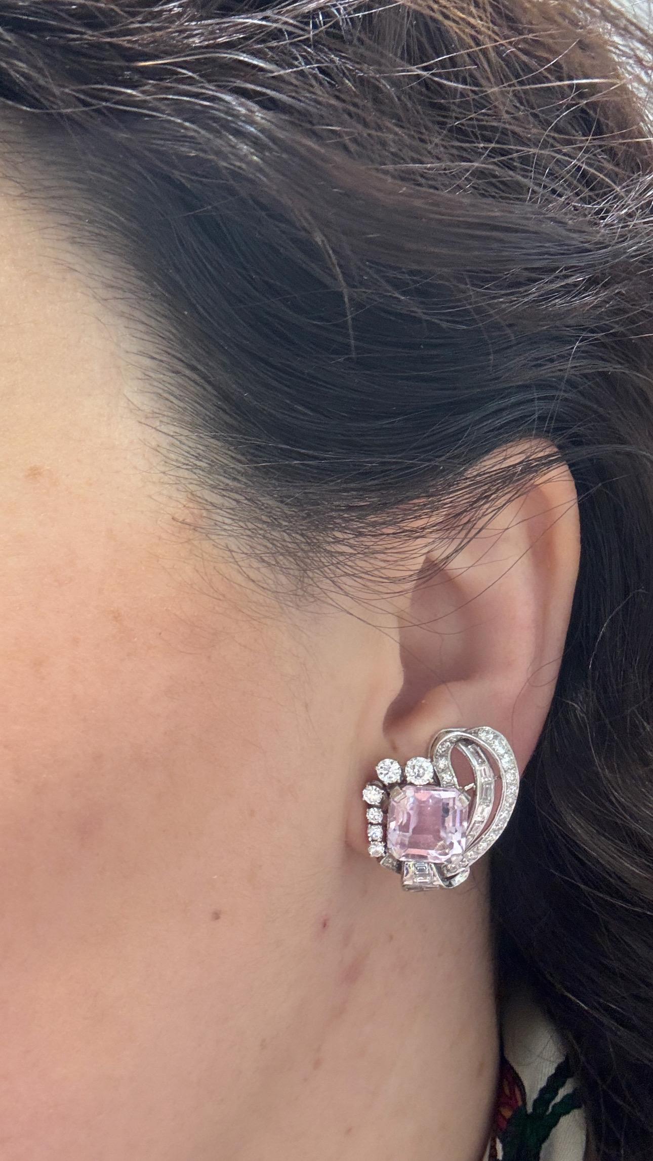 18k White Gold Kunzite & Diamond Earrings/Clip On For Sale 4