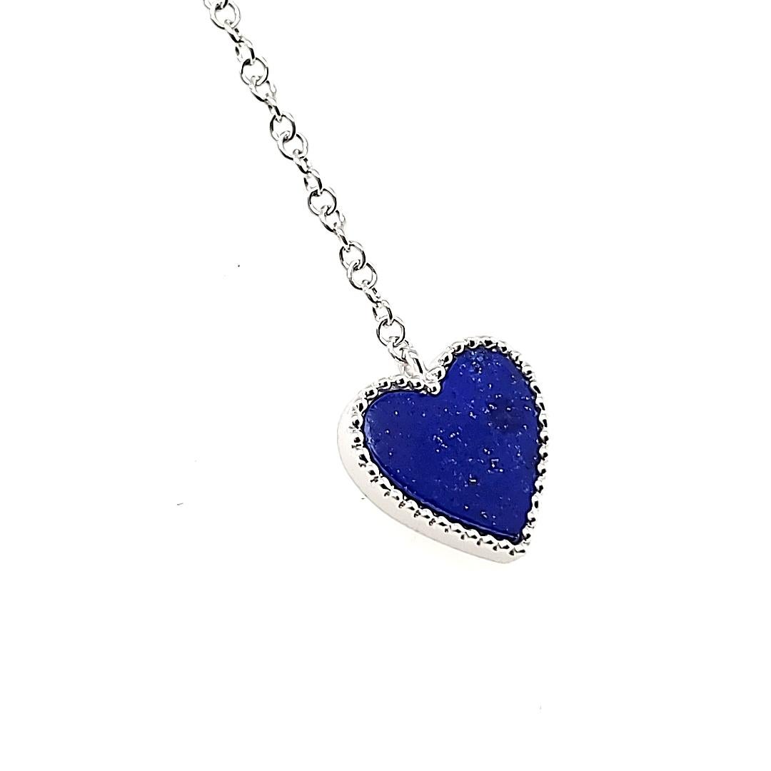 Heart Cut 18k White Gold Lapis Lazuli Cts 0.59 and Round Diamond Lariat Necklace For Sale