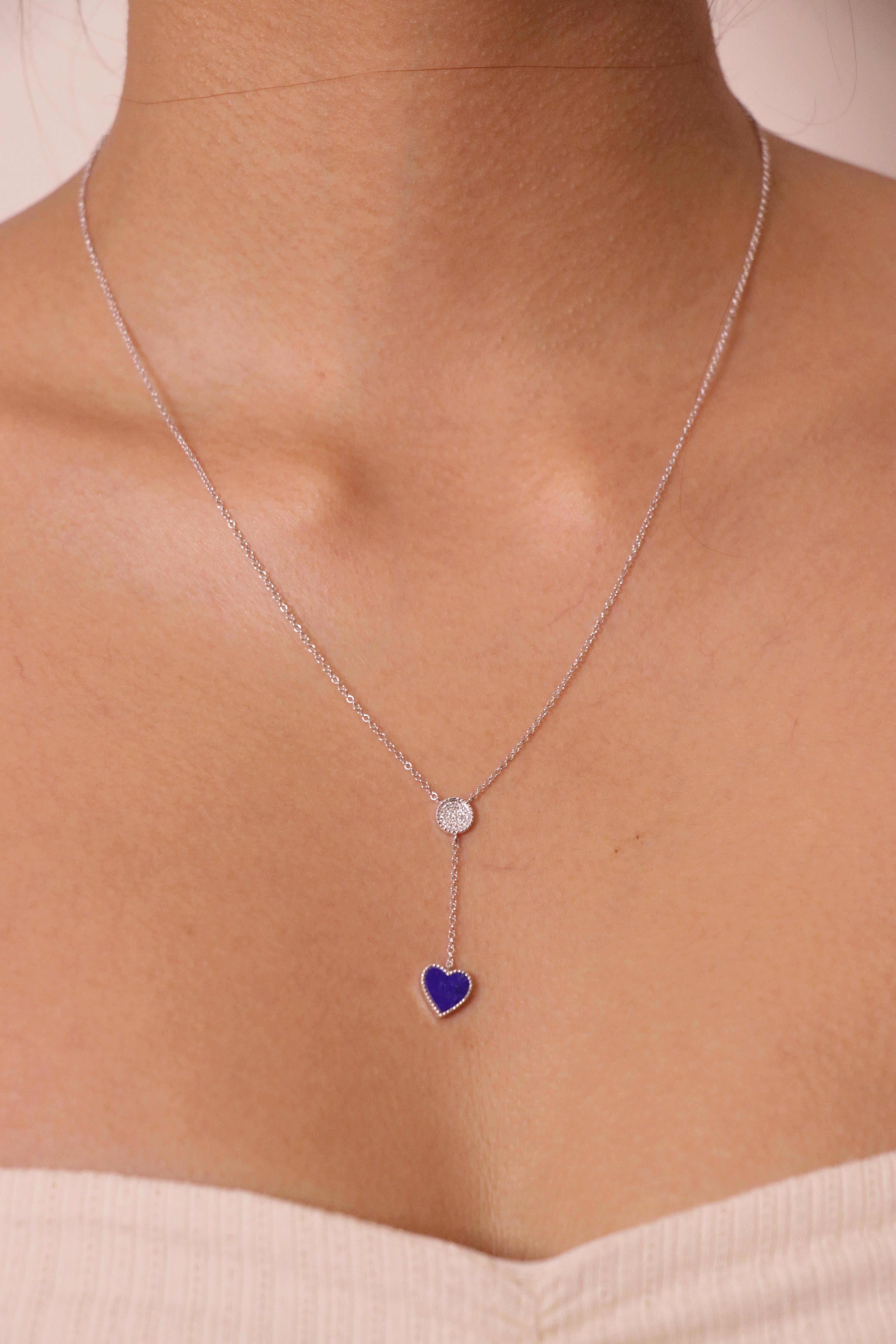 18k White Gold Lapis Lazuli Cts 0.59 and Round Diamond Lariat Necklace