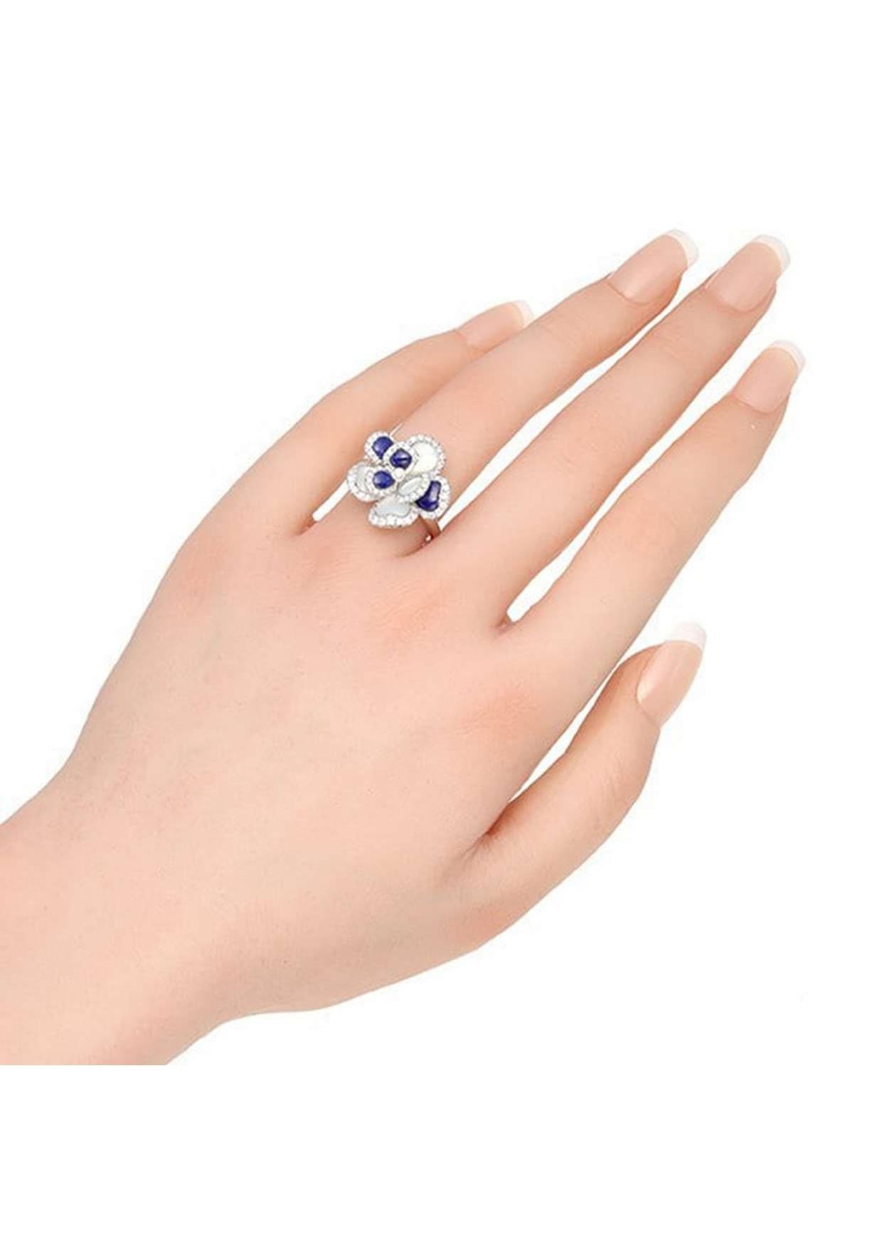 Round Cut 18K White Gold Lapis Lazuli Mother-of-Pearl Diamond Ring, Size 7.0 For Sale