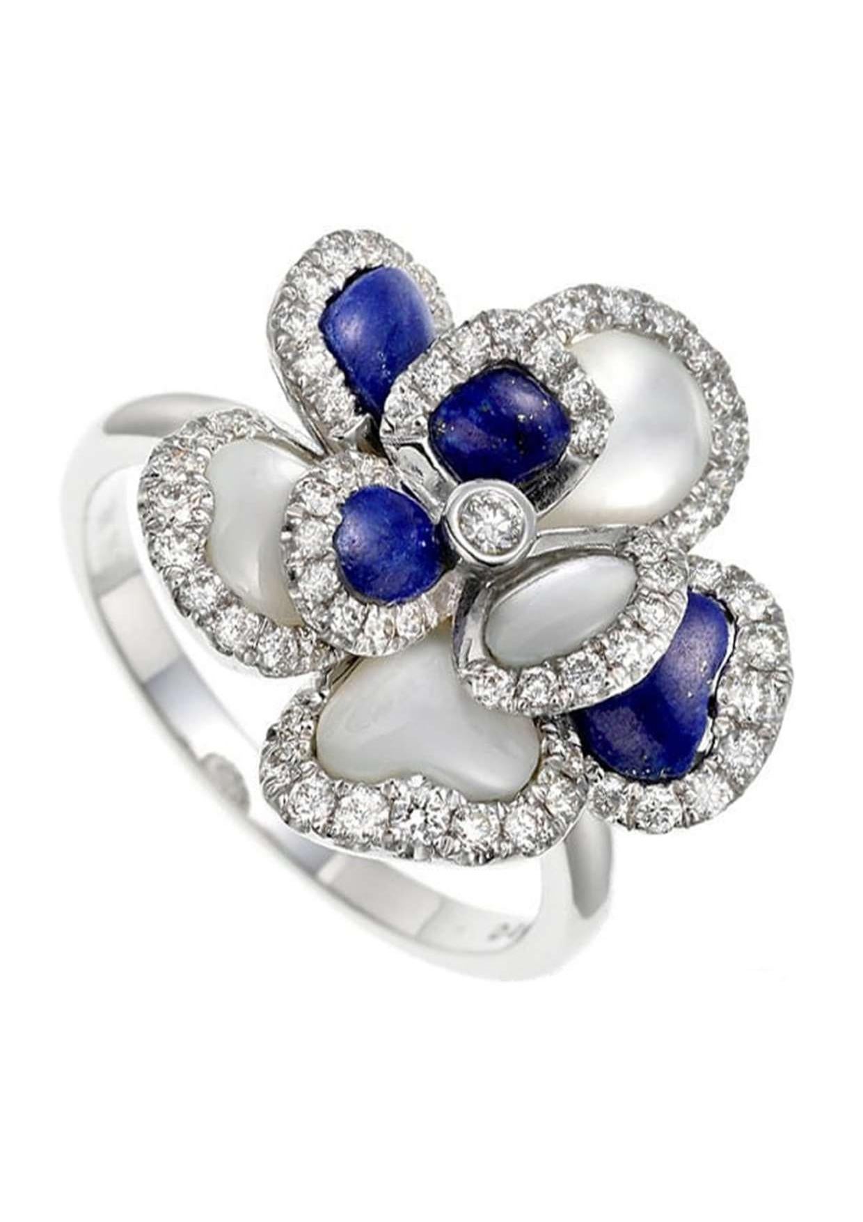 Elevate your style with this exquisite lapis lazuli mother-of-pearl diamond ring crafted in 18K white gold. A true statement piece, this ring features a mesmerizing lapis lazuli stone accented by shimmering diamonds and lustrous mother-of-pearl,