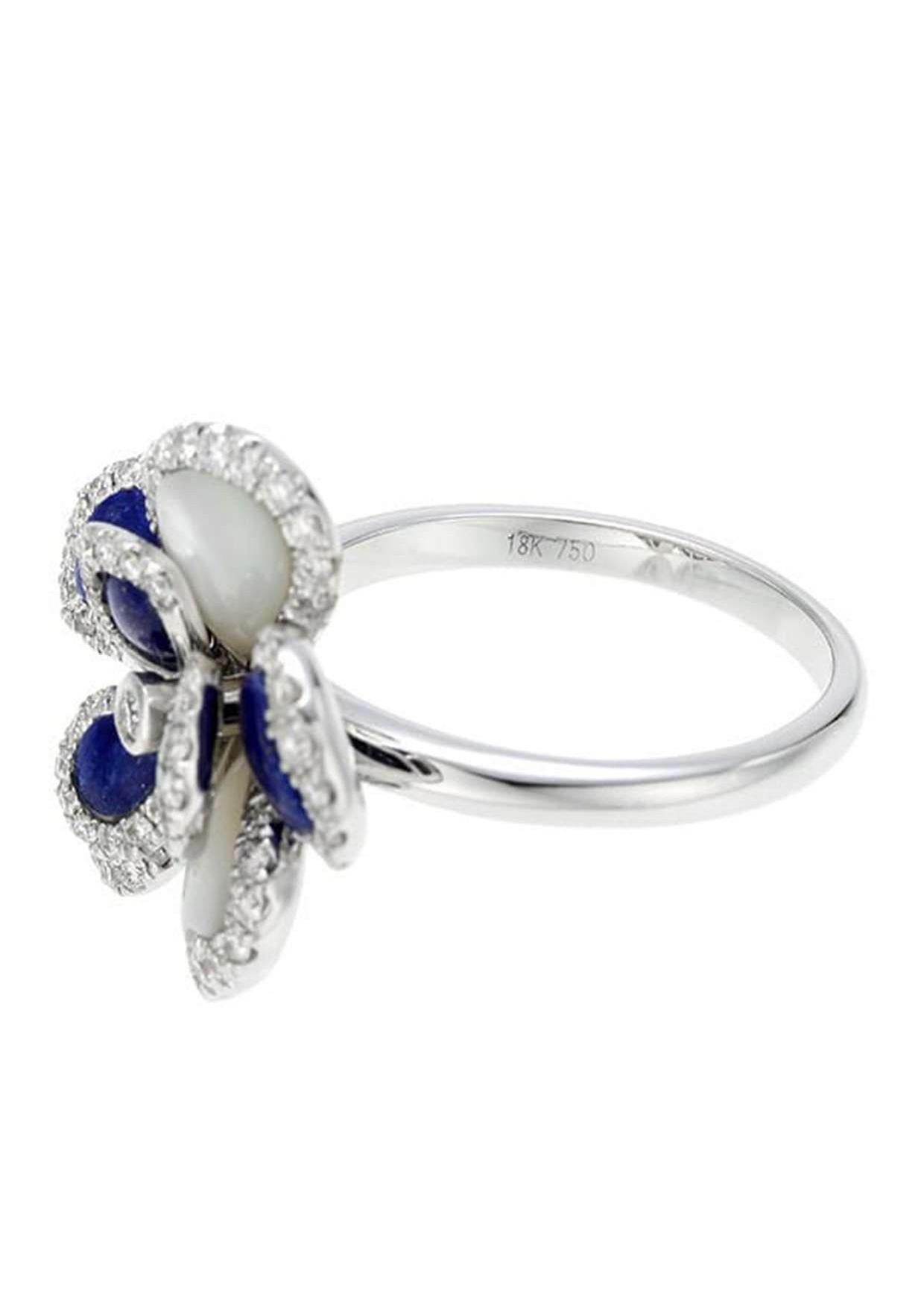 18K White Gold Lapis Lazuli Mother-of-Pearl Diamond Ring, Size 7.0 In New Condition For Sale In Holtsville, NY