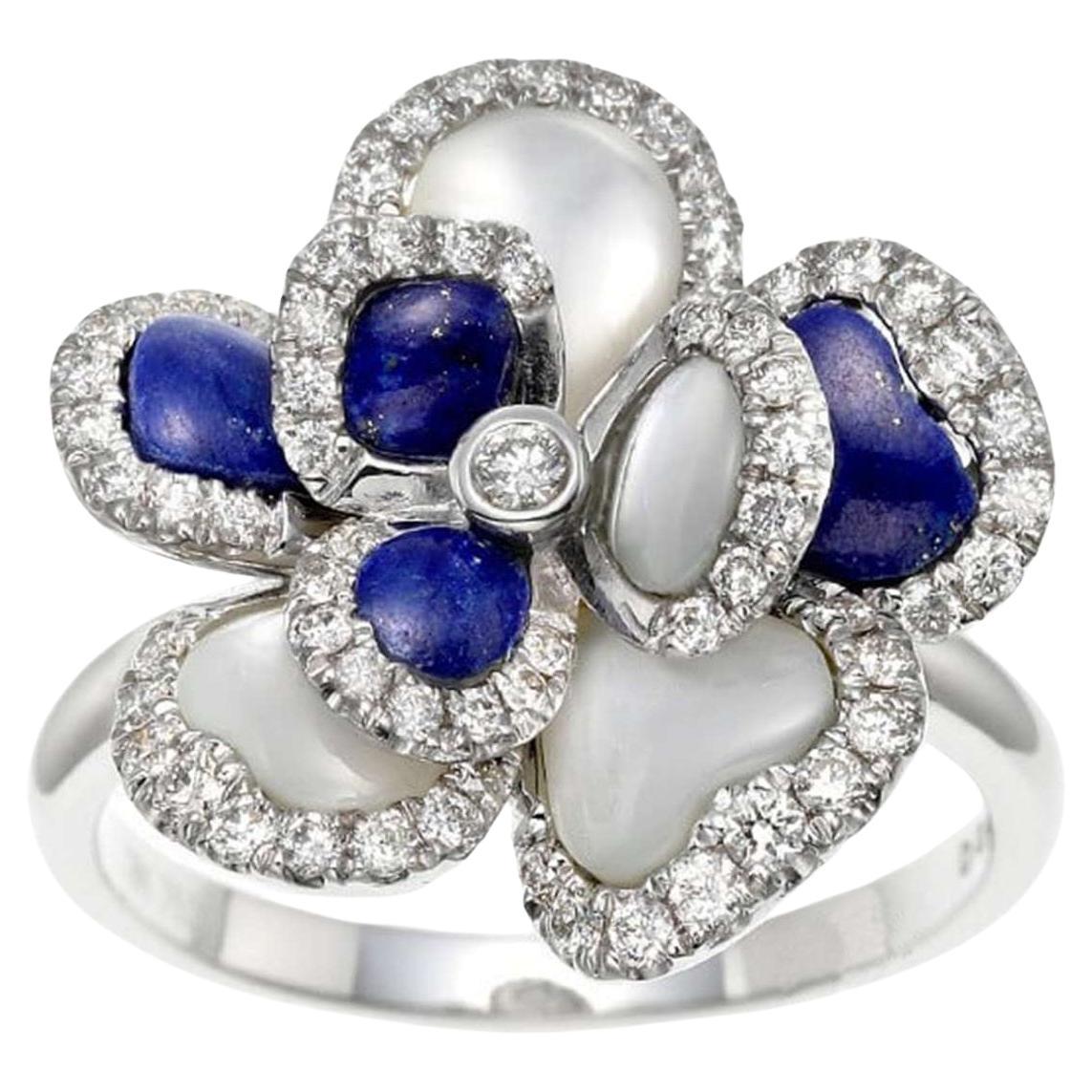 18K White Gold Lapis Lazuli Mother-of-Pearl Diamond Ring, Size 7.0 For Sale