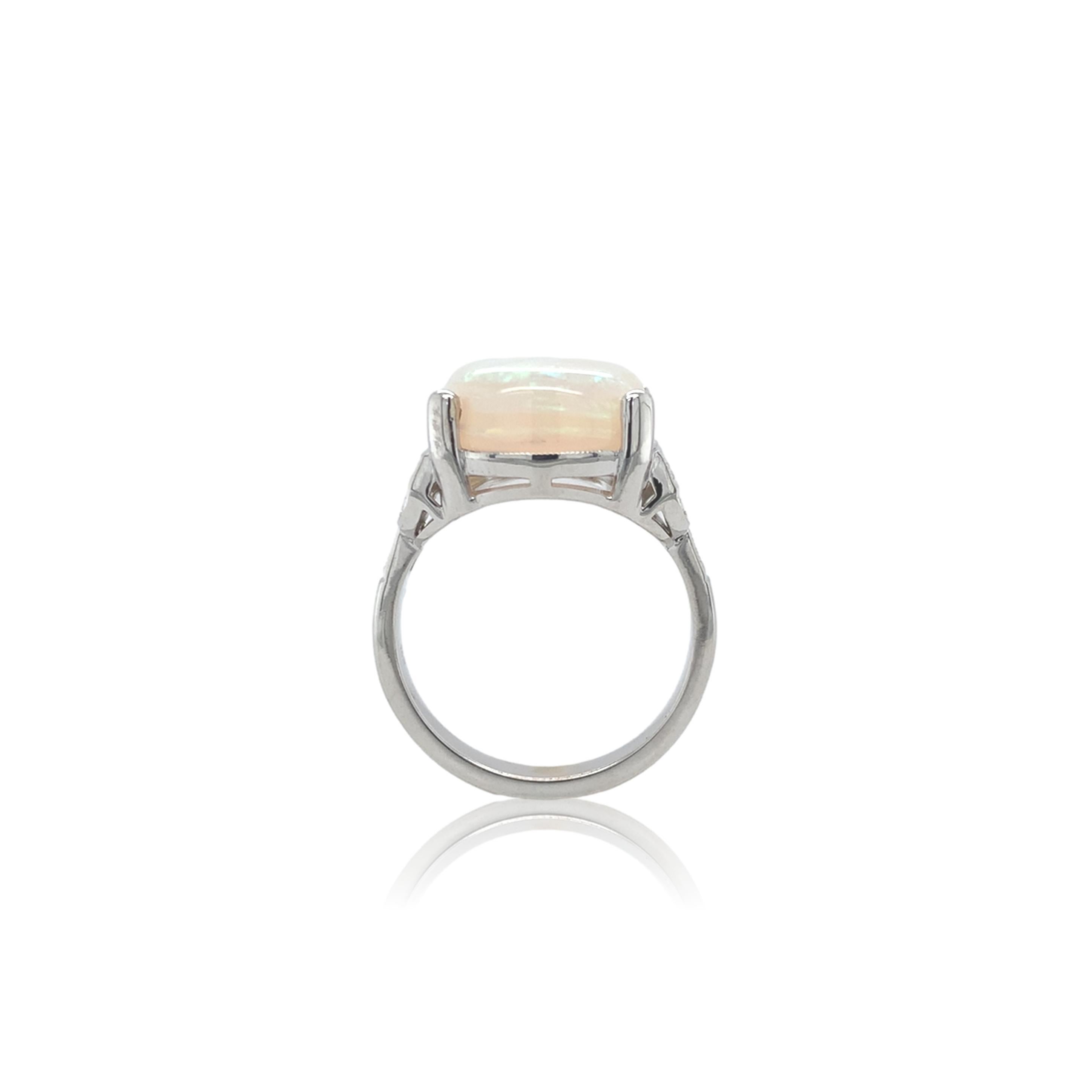 Art Deco 18K White Gold Large 6.88 carat Australian Opal and Diamond Ring size 6.75 For Sale