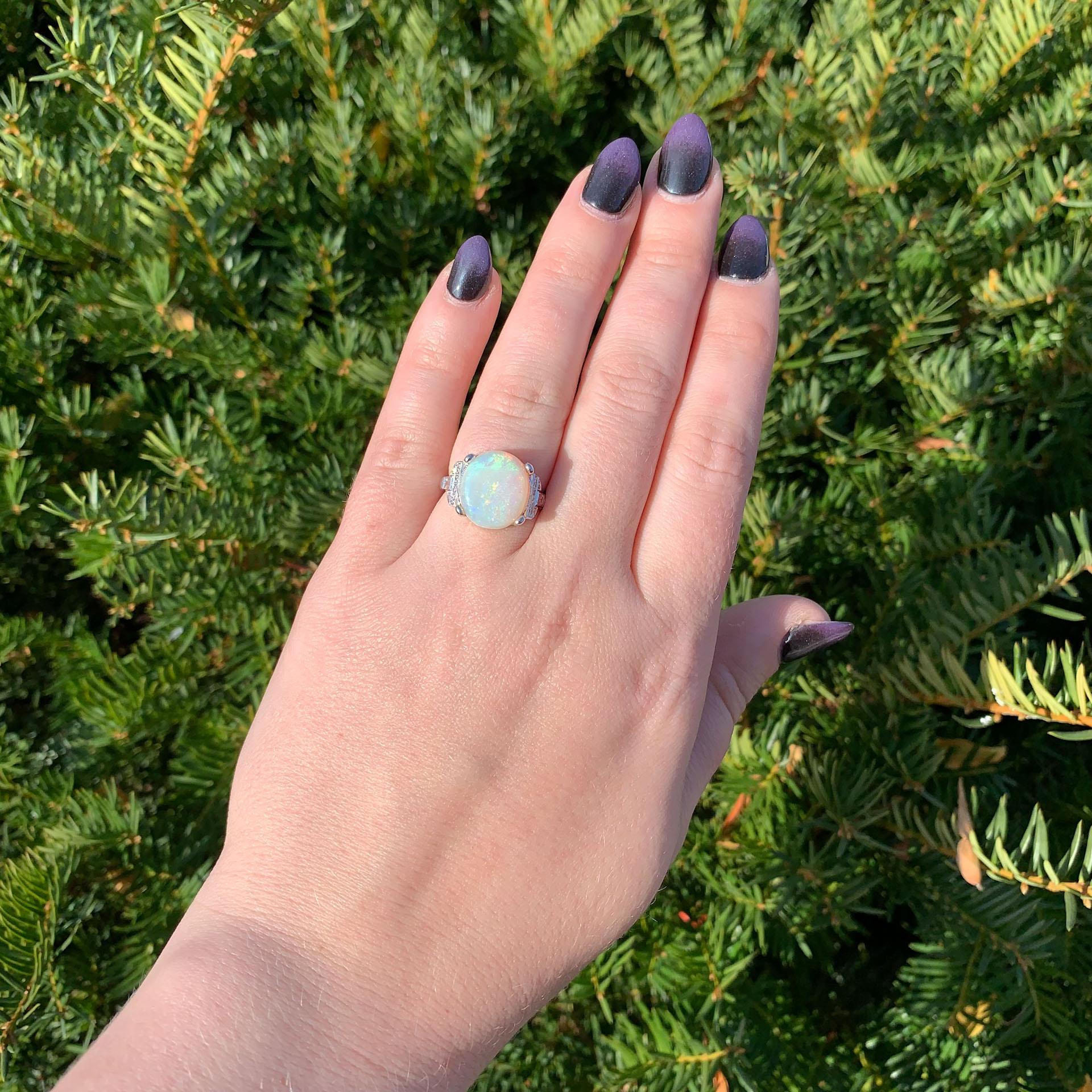 18K White Gold Large 6.88 carat Australian Opal and Diamond Ring size 6.75 For Sale 1