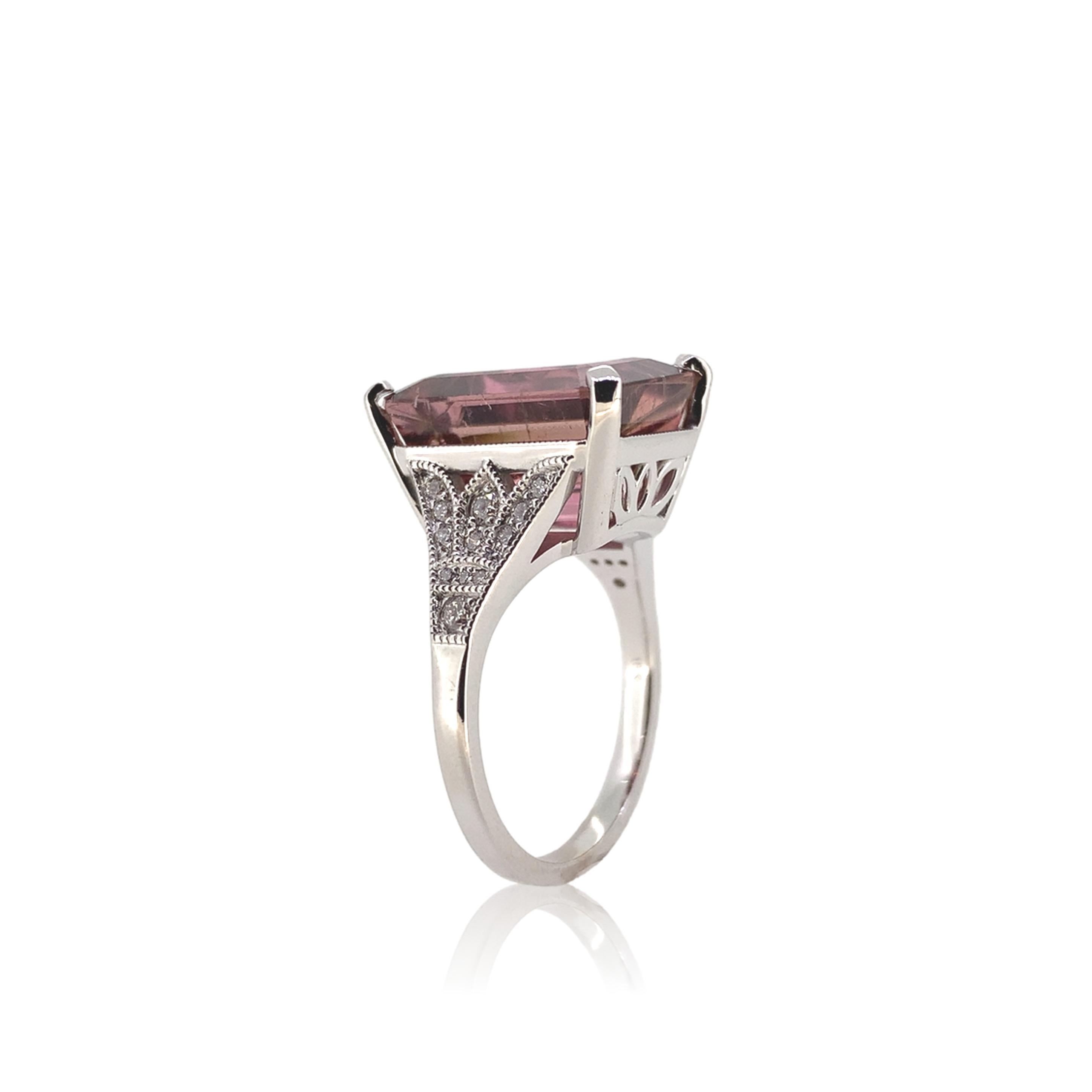 Art Deco 18K White Gold Large 9.93 carat Rubellite Tourmaline and Diamond Ring size 6.75 For Sale
