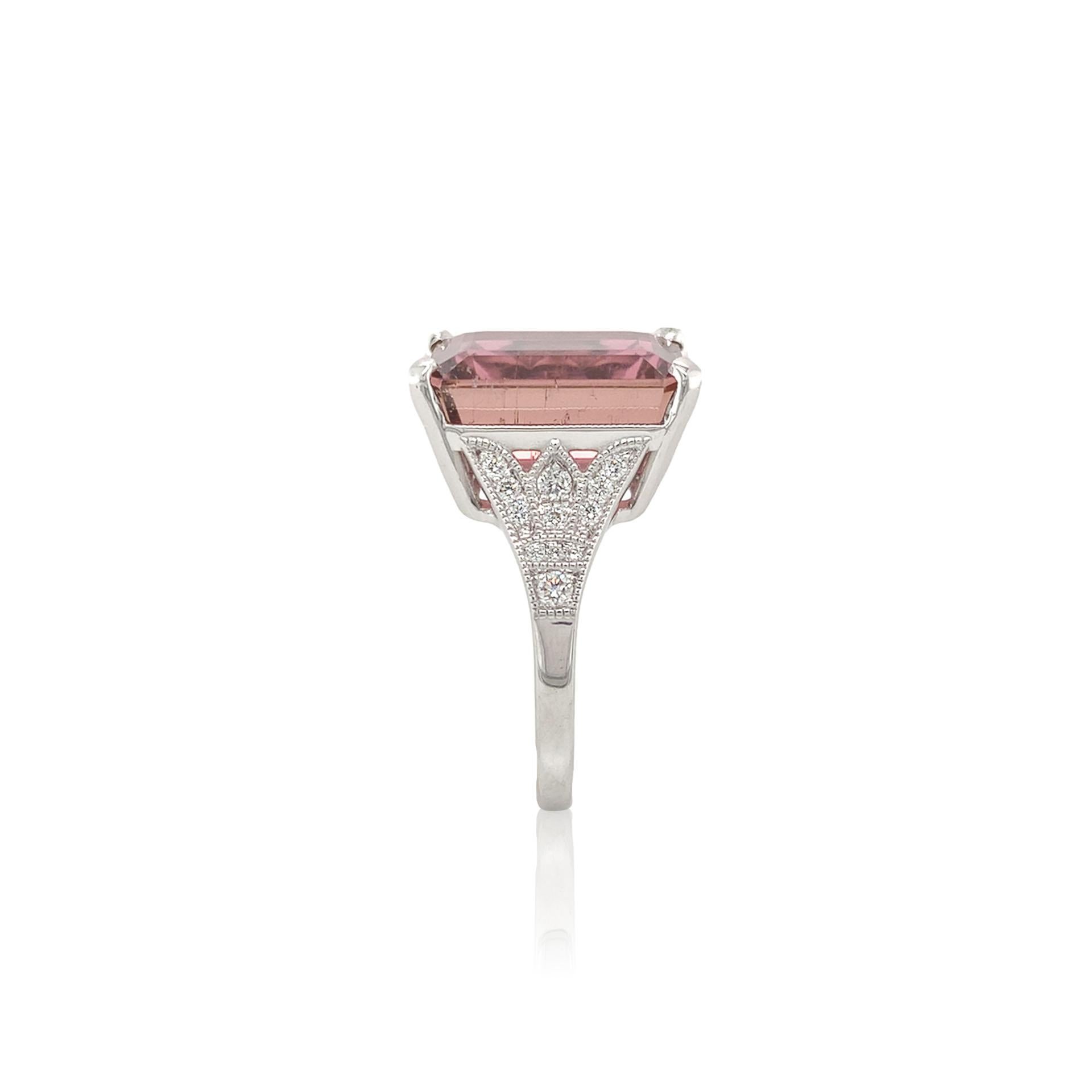 Emerald Cut 18K White Gold Large 9.93 carat Rubellite Tourmaline and Diamond Ring size 6.75 For Sale