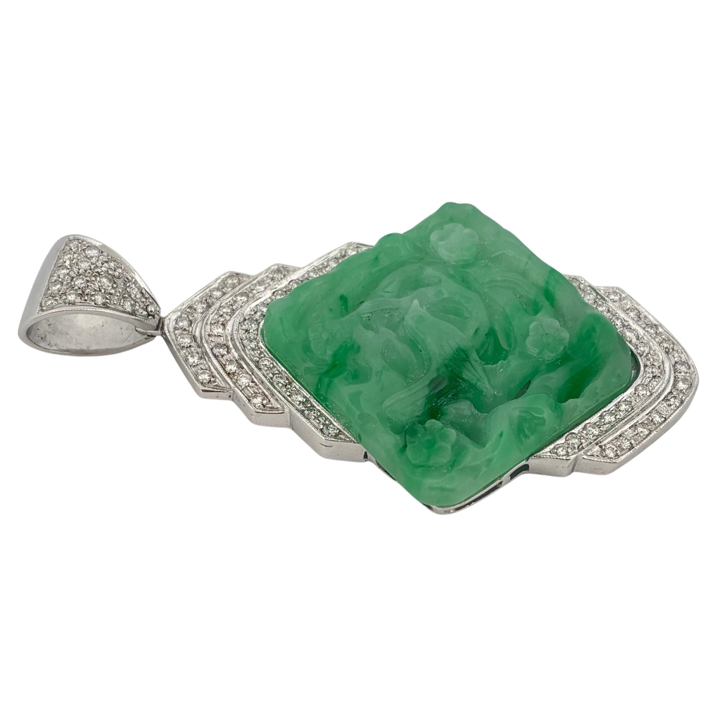 Carved Jade 18K White Gold Large 1.50 Carat Diamond Pendant In Good Condition For Sale In Sewickley, PA