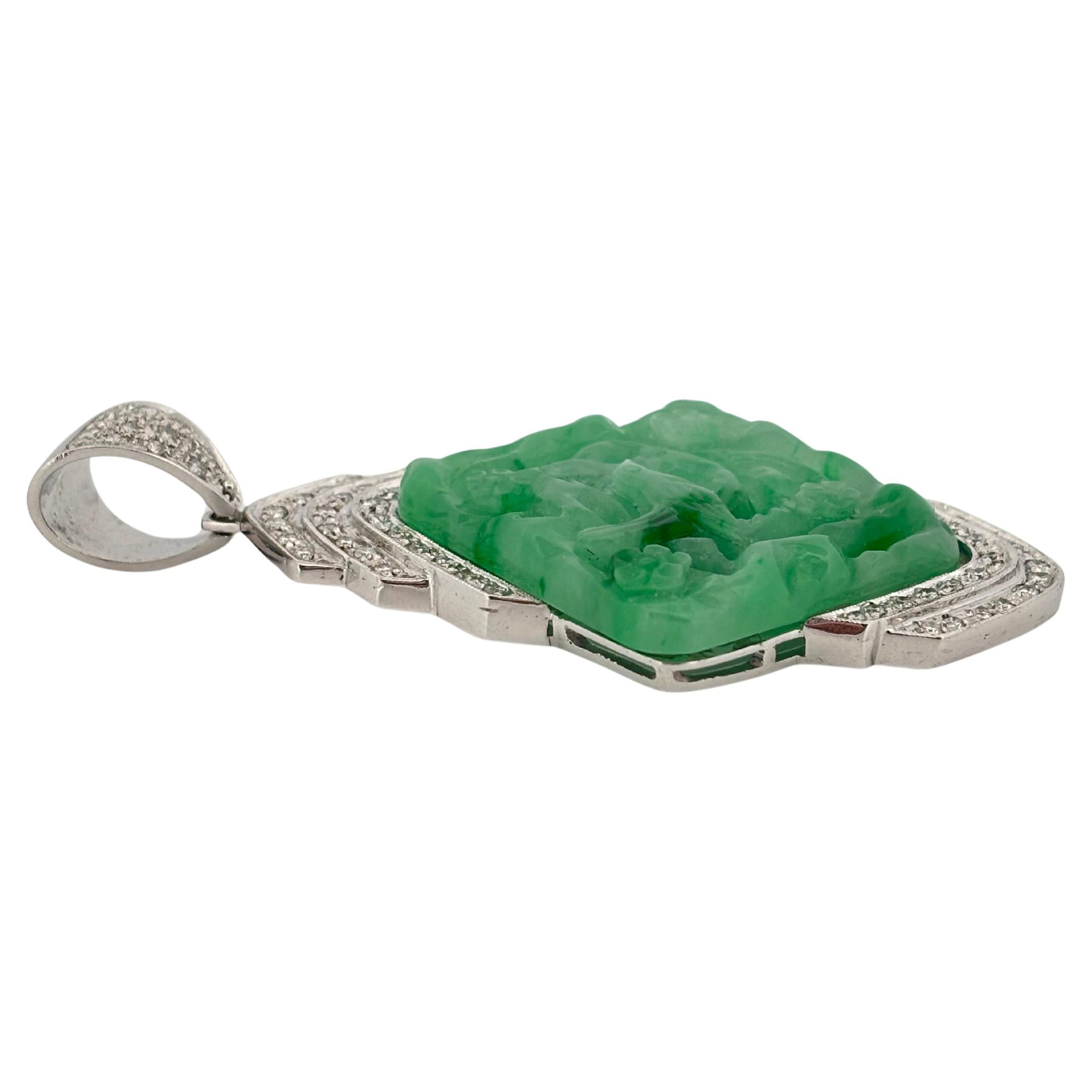 Women's or Men's Carved Jade 18K White Gold Large 1.50 Carat Diamond Pendant For Sale