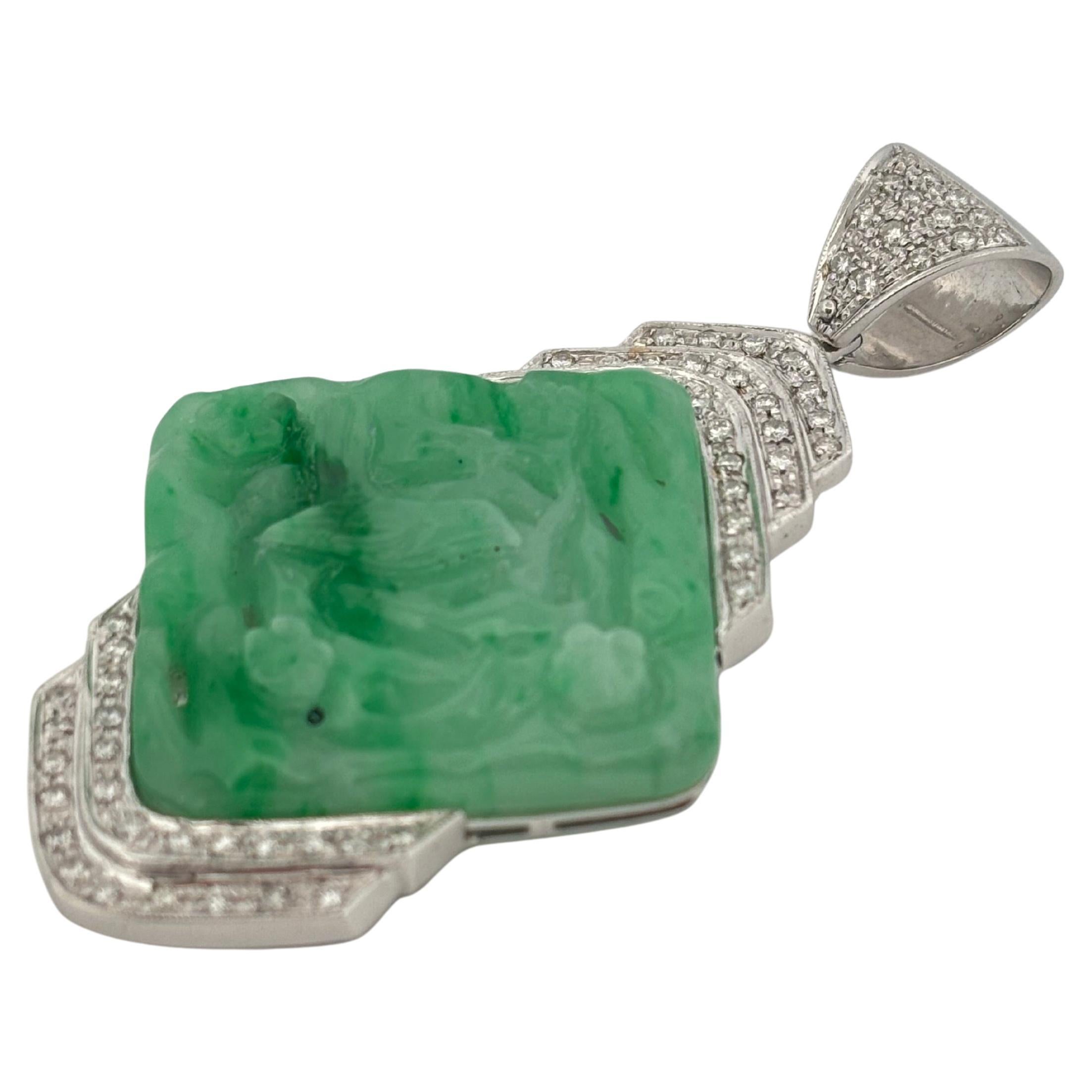Carved Jade 18K White Gold Large 1.50 Carat Diamond Pendant For Sale 1
