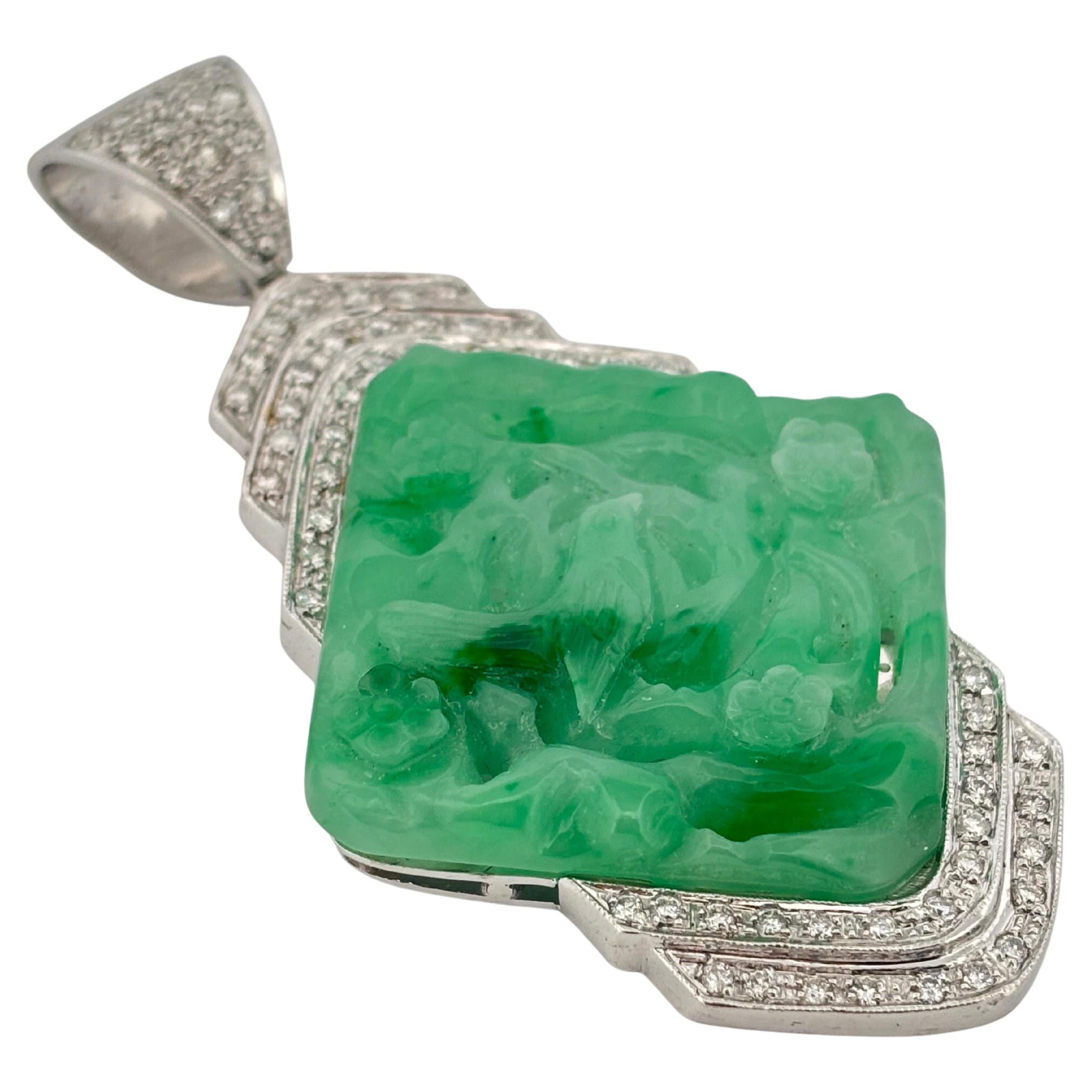 Carved Jade 18K White Gold Large 1.50 Carat Diamond Pendant For Sale 2