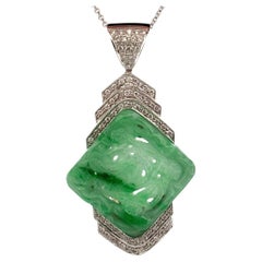 18K White Gold Large Carved Jade 1.50 Carat Diamond Pendant