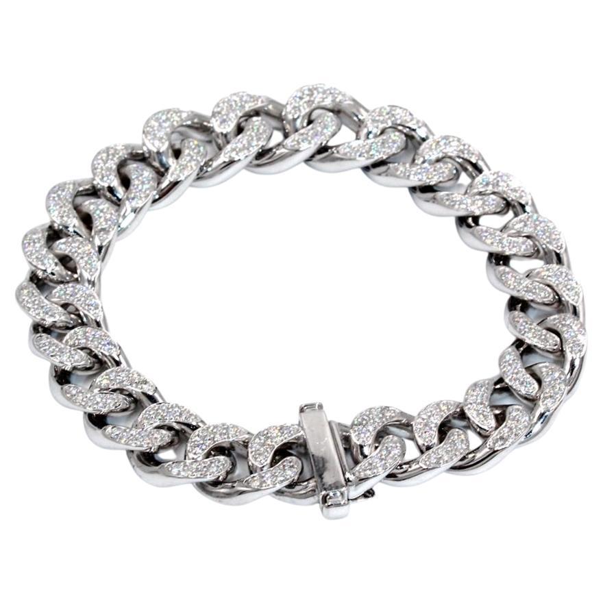 18K White Gold Large Cuban Link Bracelet with Round Diamonds