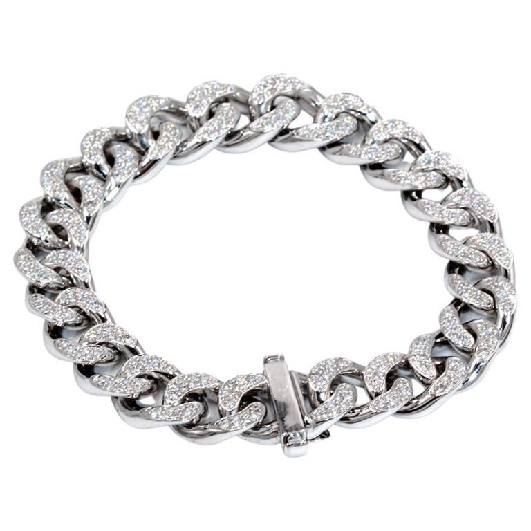 18K White Gold Large Cuban Link Bracelet with Round Diamonds For Sale