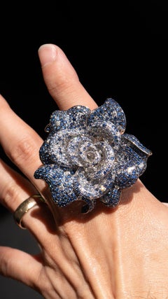 18k White Gold Large Flower Cocktail Ring w/ Approx 20 Carats in Dia & Sapphires