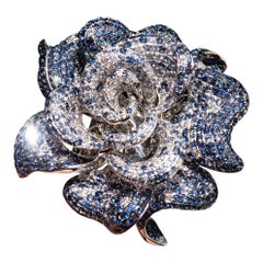 18k White Gold Large Flower Cocktail Ring w/ Approx 20 Carats in Dia & Sapphires