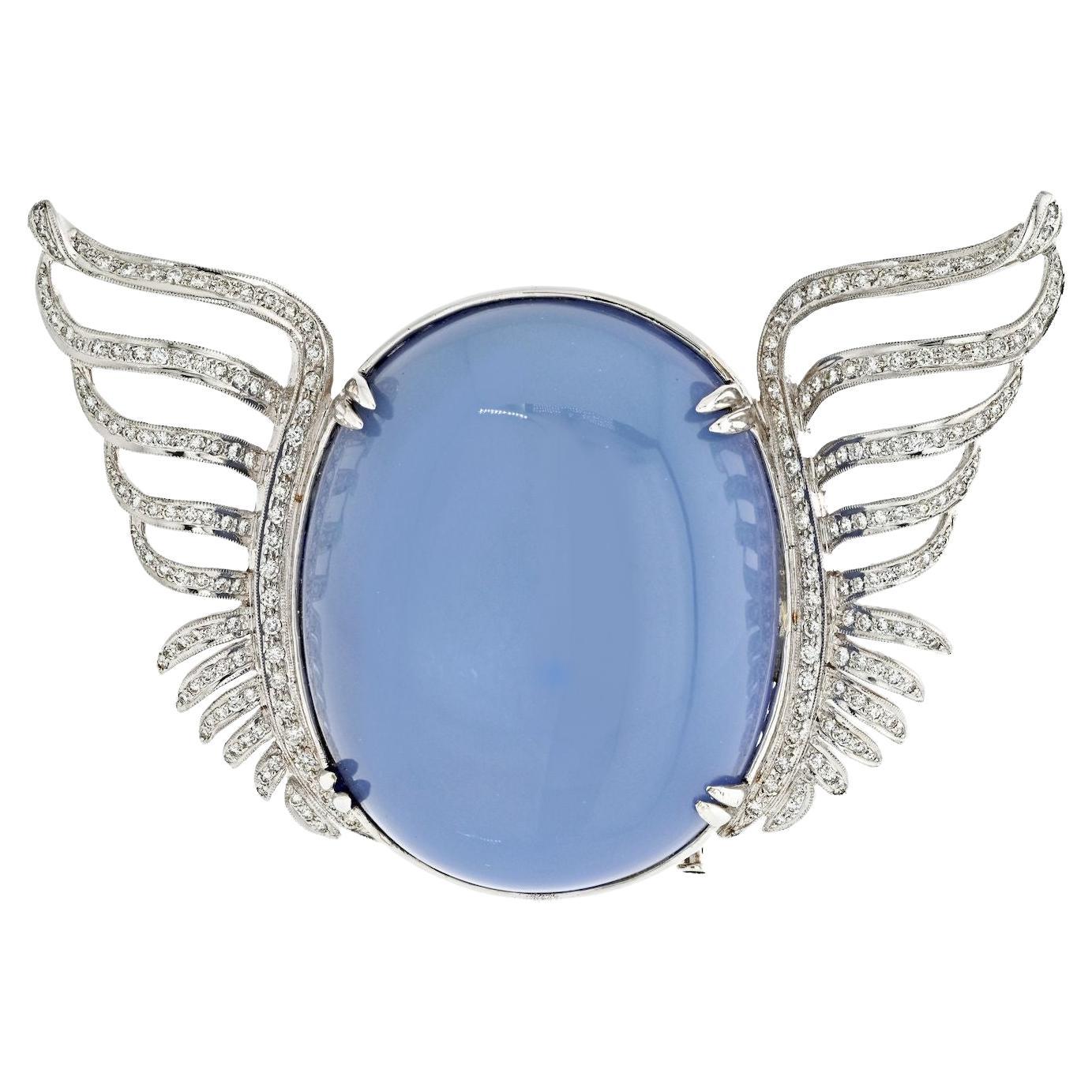 18K White Gold Large Quartz And Diamond Wings Brooch For Sale