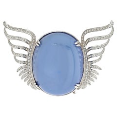 Vintage 18K White Gold Large Quartz And Diamond Wings Brooch