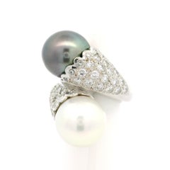 18k White Gold Large White & Tahitian Pearl w/ 2.04ctw Diamond Heavy Bypass Ring