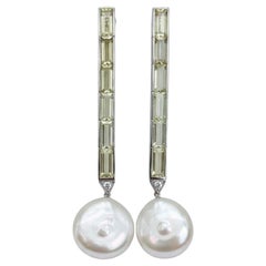 18K White Gold Lemon Quartz Baguette Diamond and Australian Pearl Drop Earrings