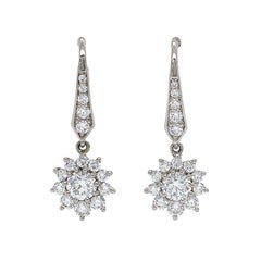 18K White Gold Lever Back Cluster Diamond Gold Dangle Earrings