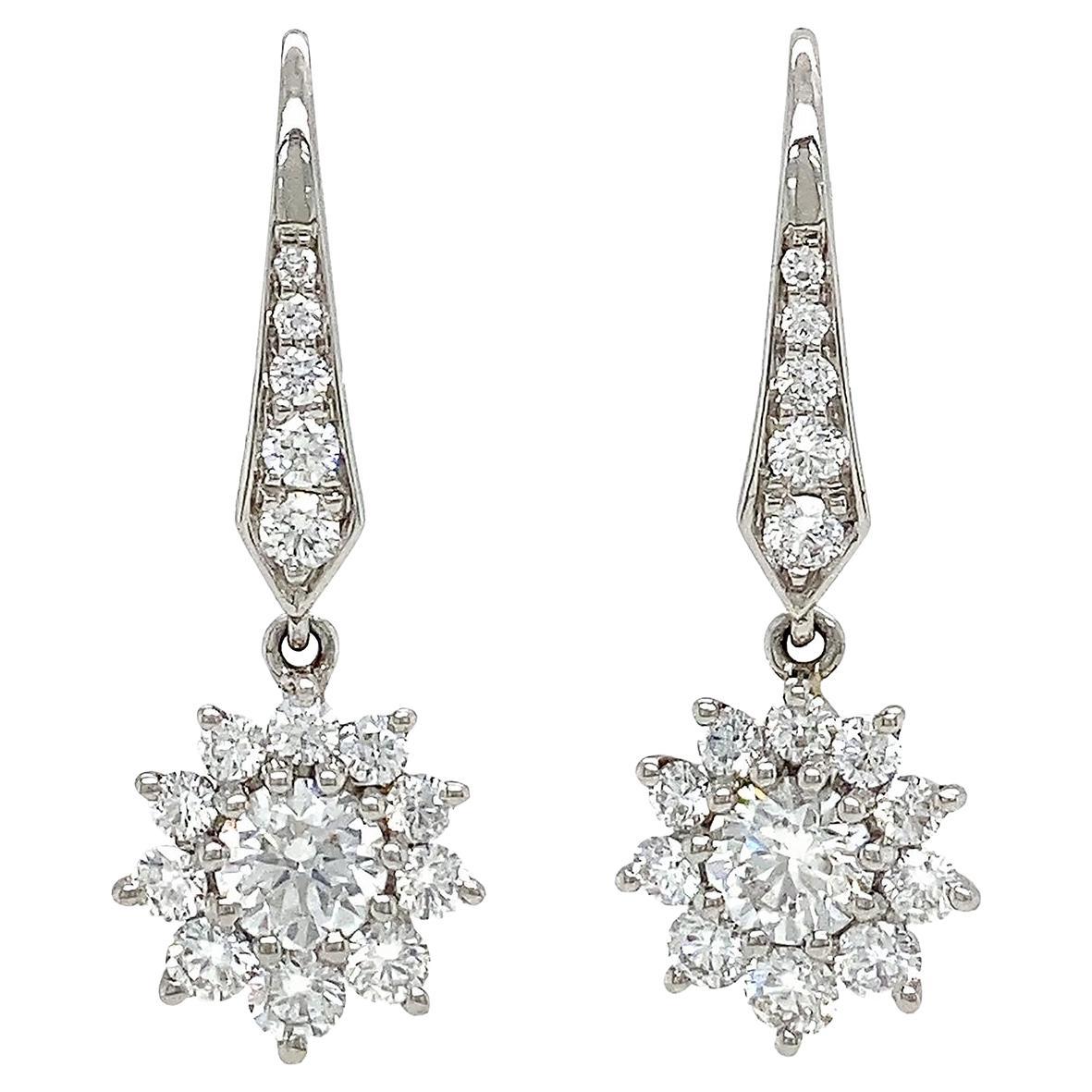 18K White Gold Lever Back Cluster Diamond Gold Dangle Earrings