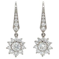 18K White Gold Lever Back Cluster Diamond Gold Dangle Earrings