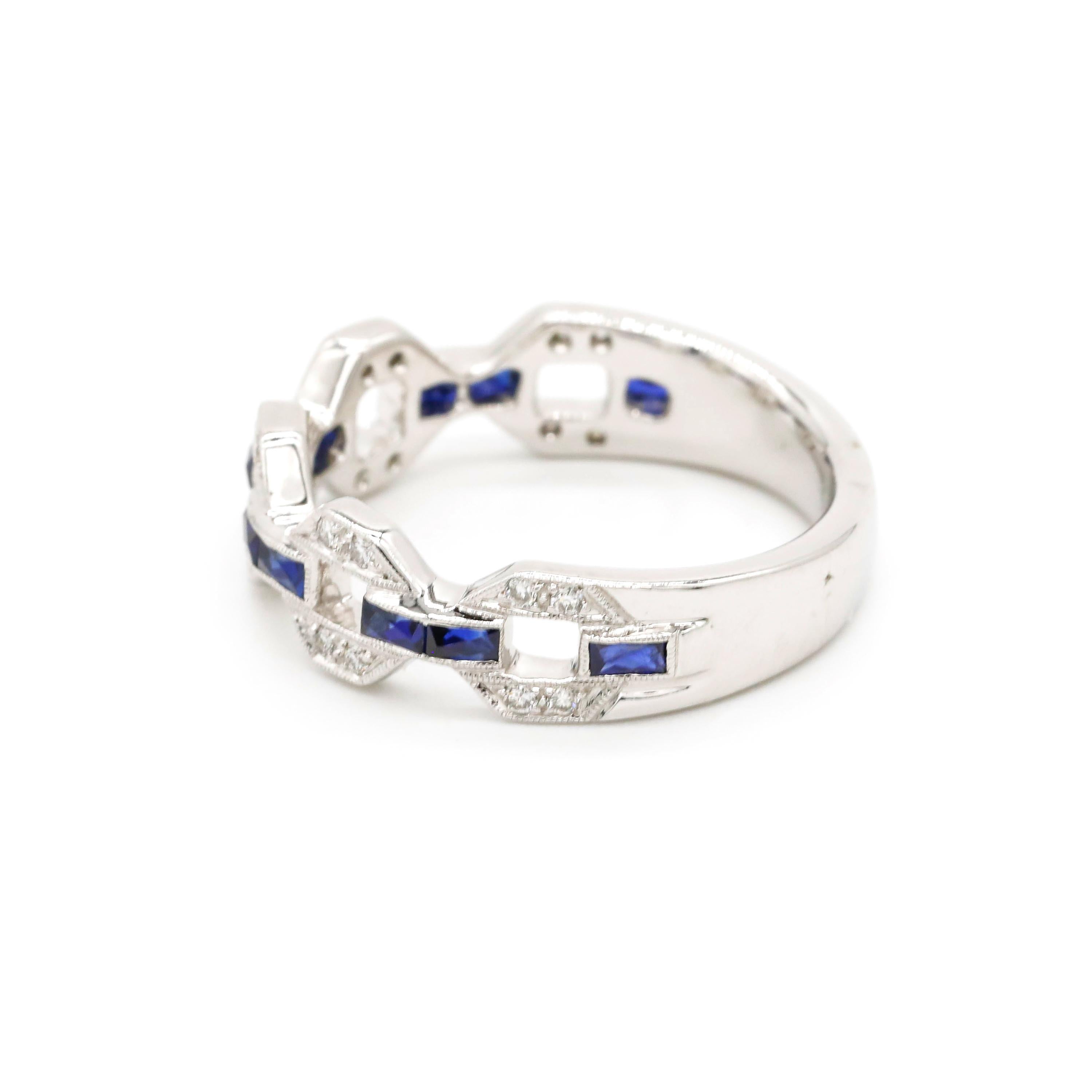 18k White Gold Link Design 0.12 CT Round Cut Diamond Pave Sapphire Band Ring

A wedding band or an Anniversary ring - this ring is just perfection. Featuring a single row of 0.52 Carat natural blue sapphire stones , set in a prong setting. Buffed to