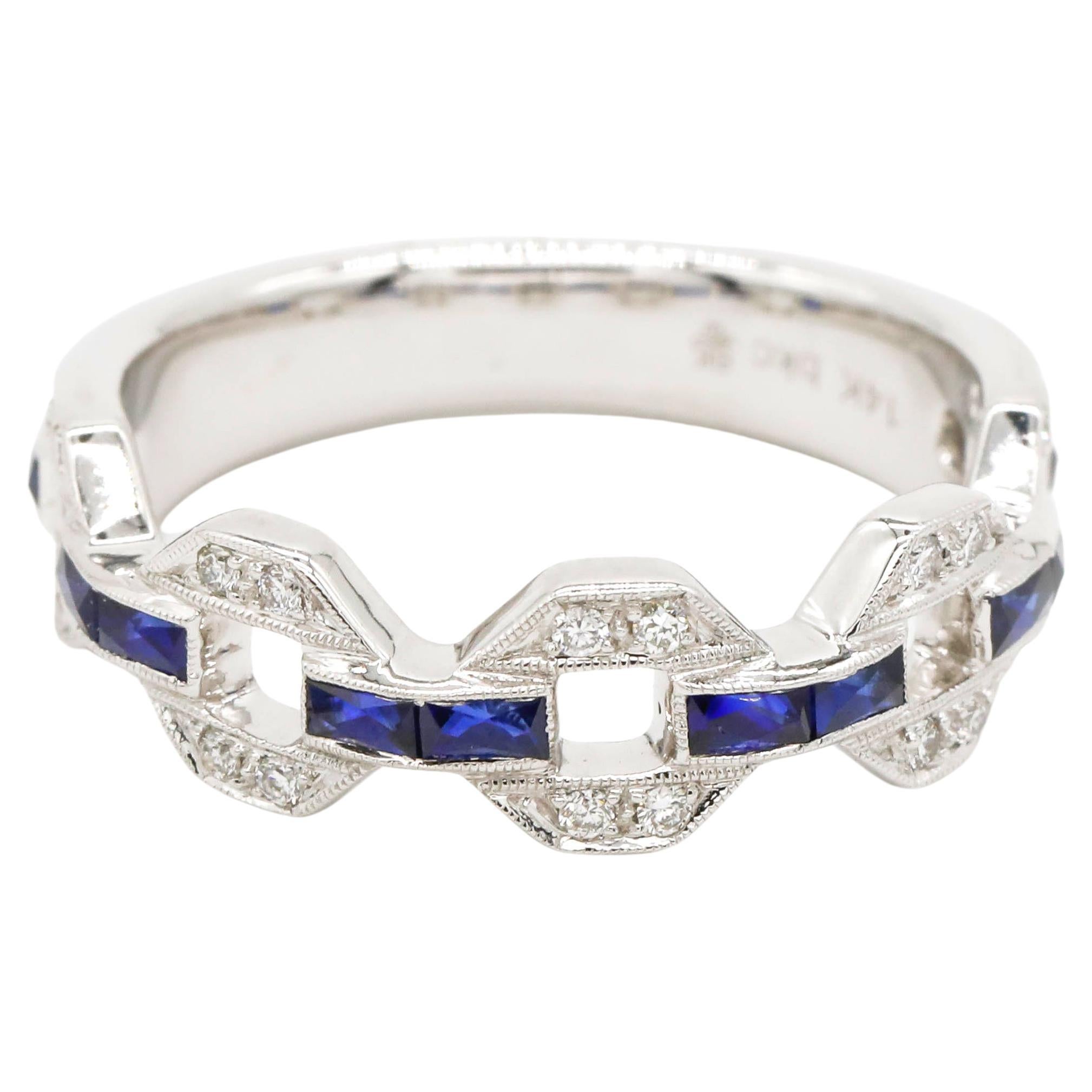 18k White Gold Link Design 0.12 Ct Round Cut Diamond Pave Sapphire Band Ring