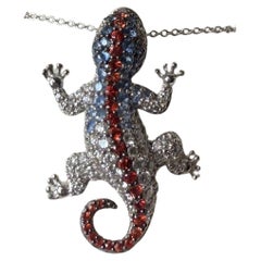 18K White Gold Lizard Pendant with White Diamonds and Fancy Colour Sapphires