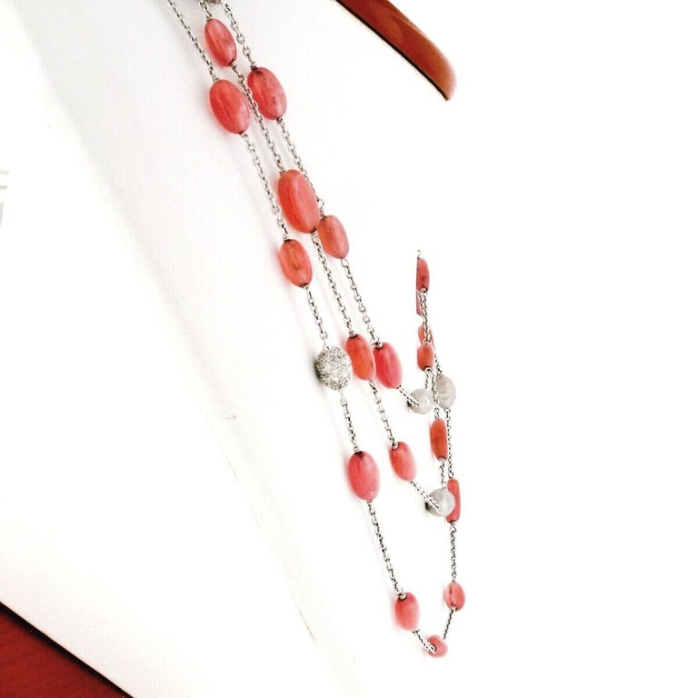 18k White Gold Long Tumbled Rose Quartz and Diamond by the Yard Chain