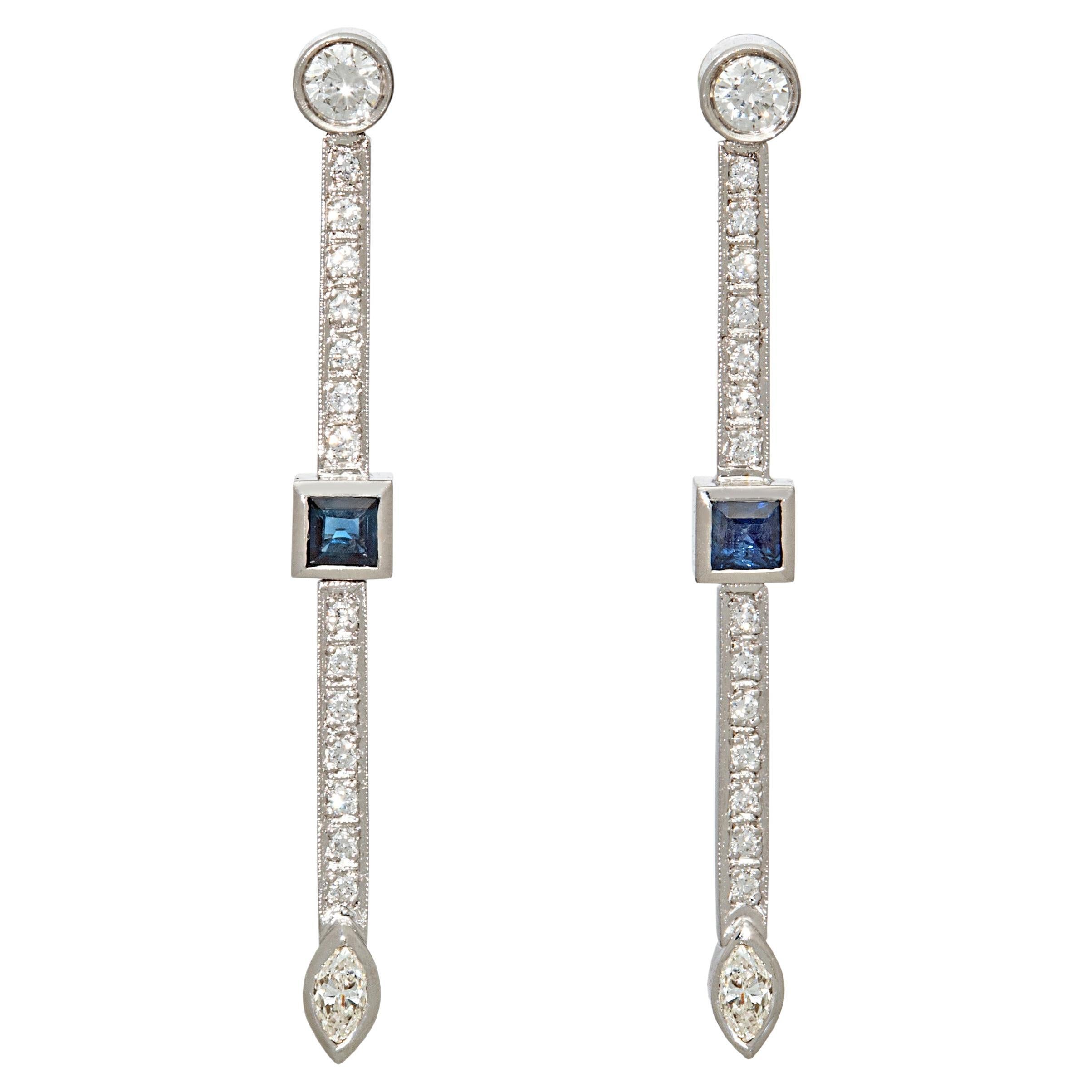 18k White Gold Long Dangling Blue and White Sapphire Earrings with Diamonds