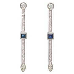 18k White Gold Long Dangling Blue and White Sapphire Earrings with Diamonds
