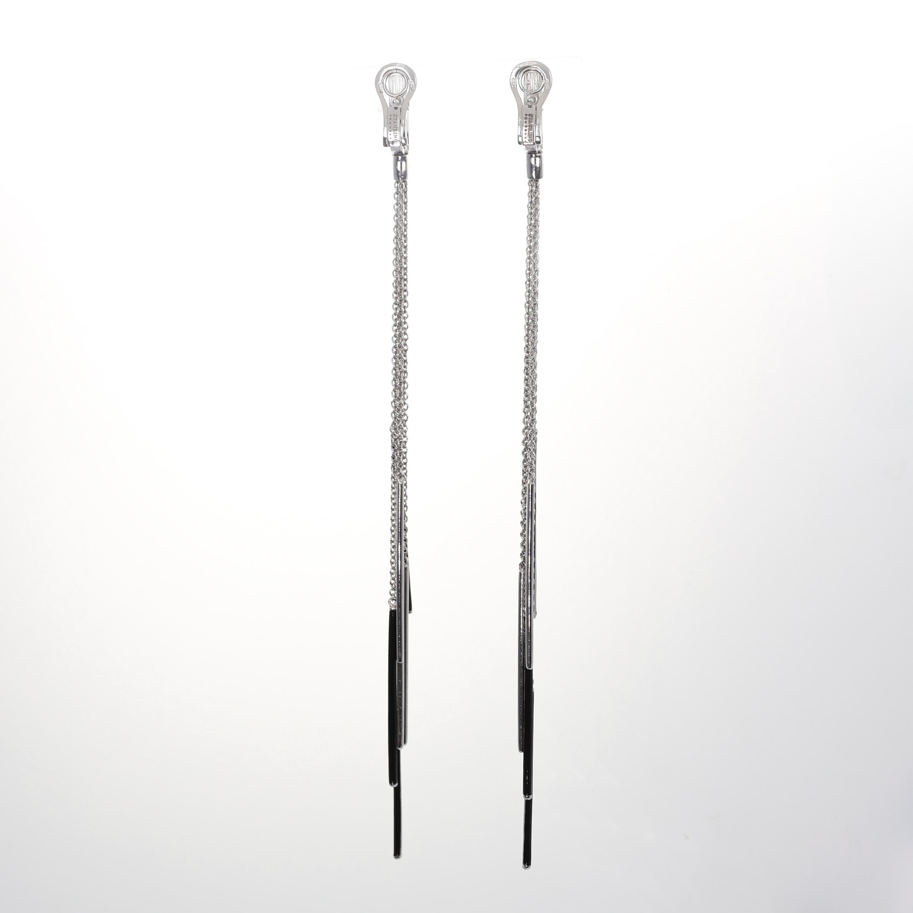 Brilliant Cut 18K White Gold Long Drop Earrings with Diamonds and Black Enamel Bars For Sale