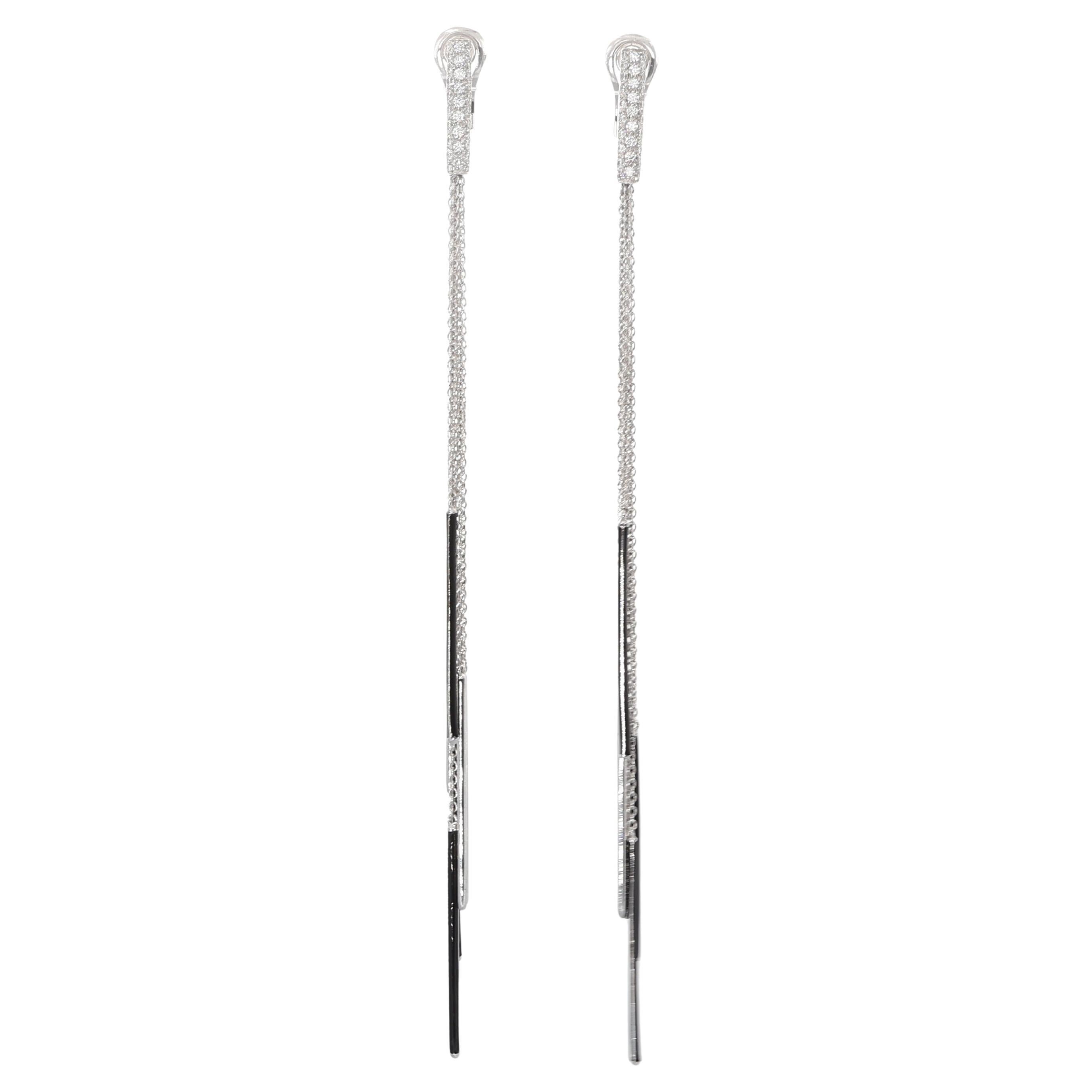18K White Gold Long Drop Earrings with Diamonds and Black Enamel Bars For Sale