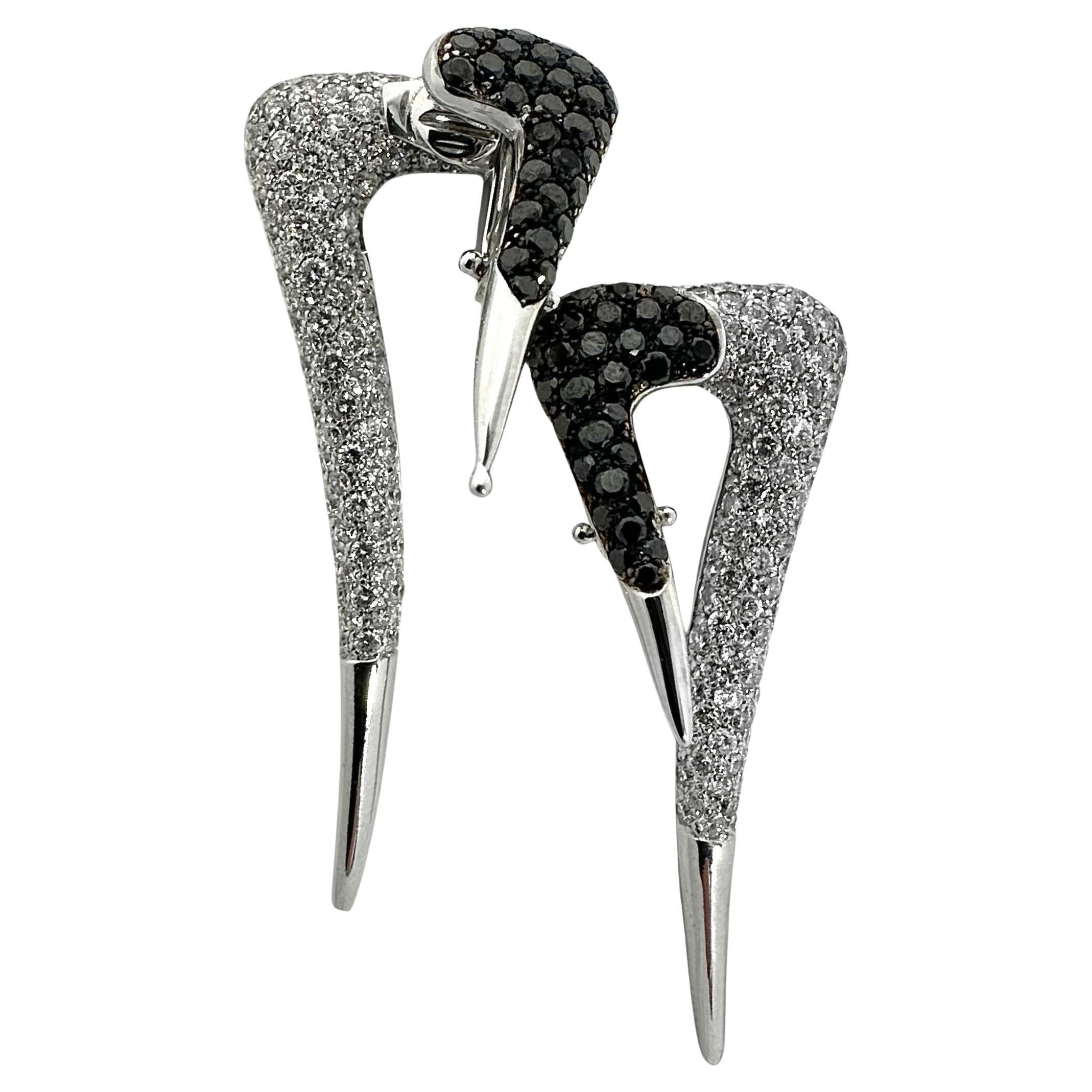 18k White Gold Long Icicle Earrings Encrusted with Black & White Diamonds  For Sale