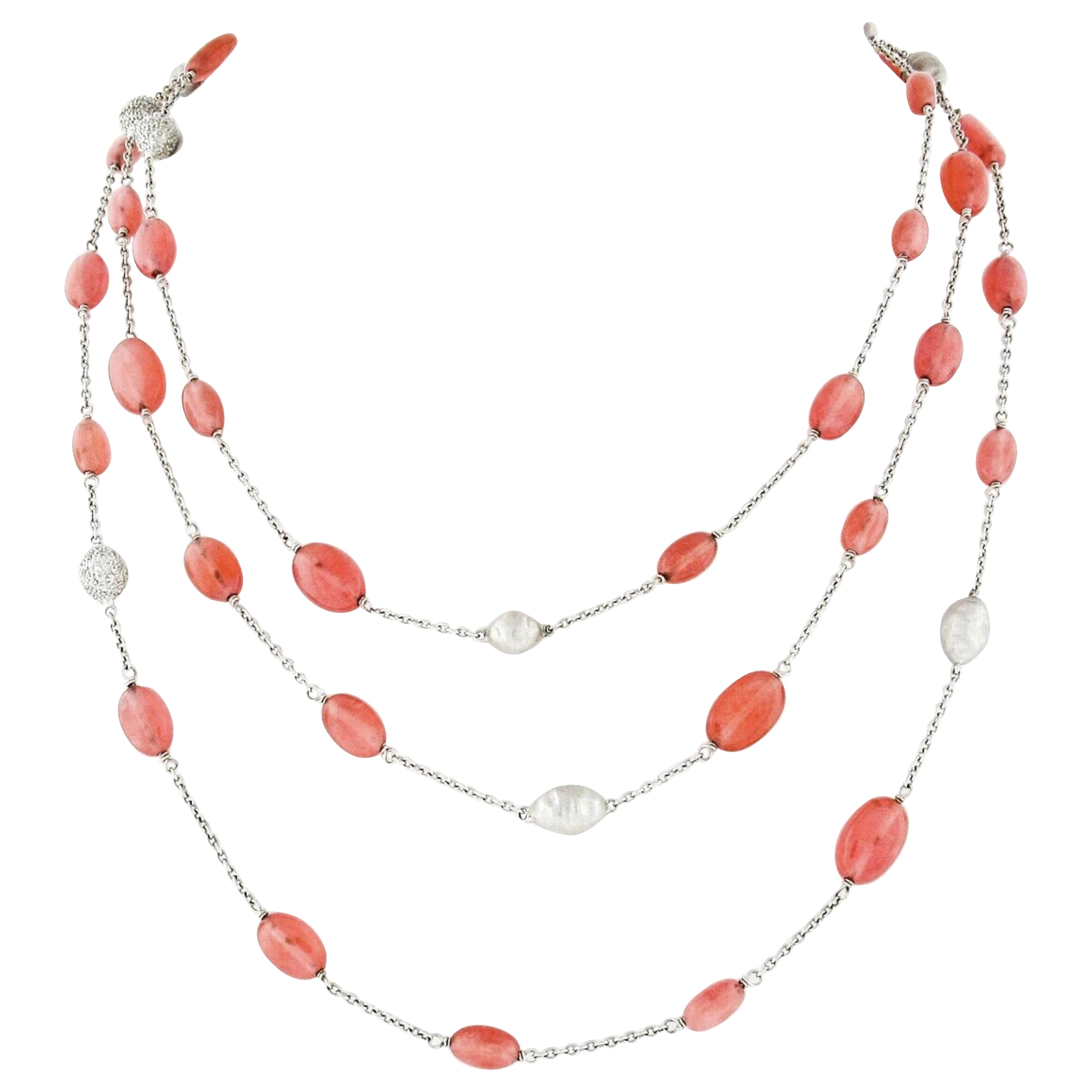 Collar largo de cadena de cuarzo rosa y diamantes en oro blanco de 18 quilates