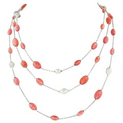 18k White Gold Long Tumbled Rose Quartz & Diamond by the Yard Chain Necklace