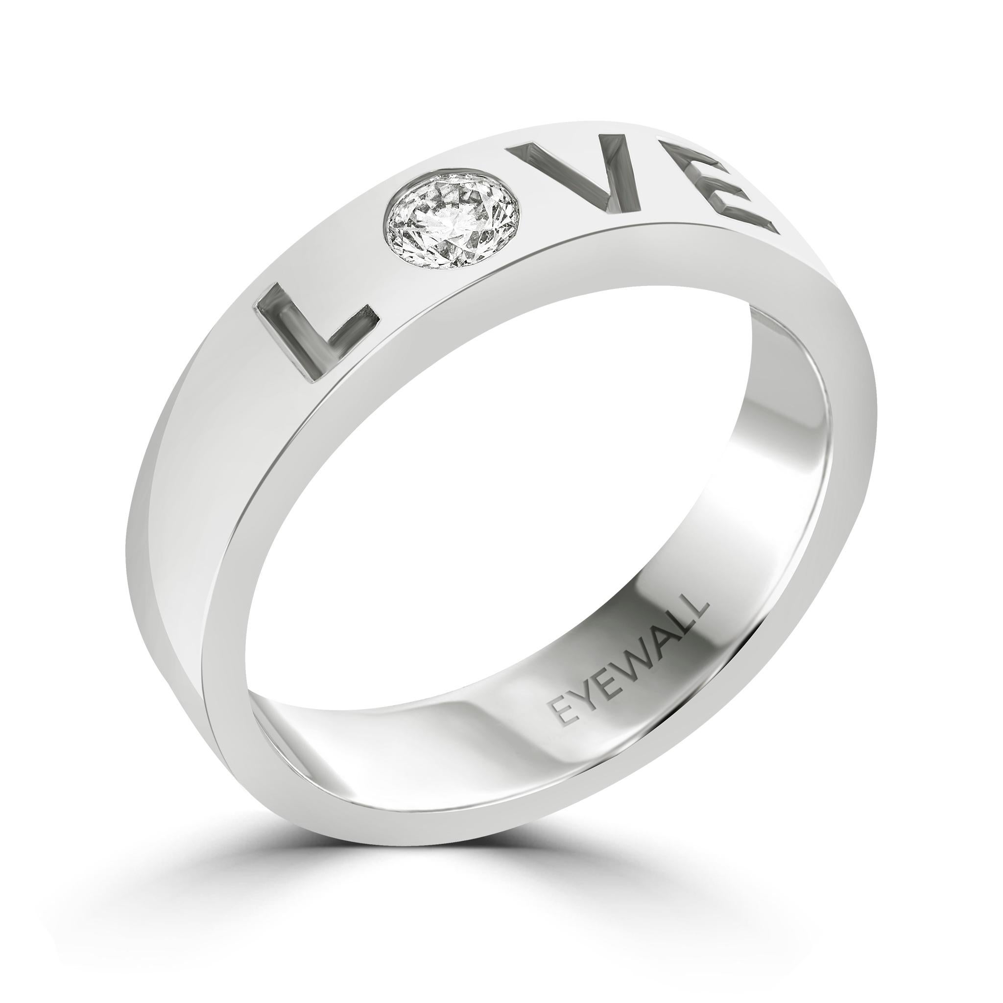 Round Cut 18K White Gold 'LOVE' Engraved with Solitaire Diamond Band For Sale