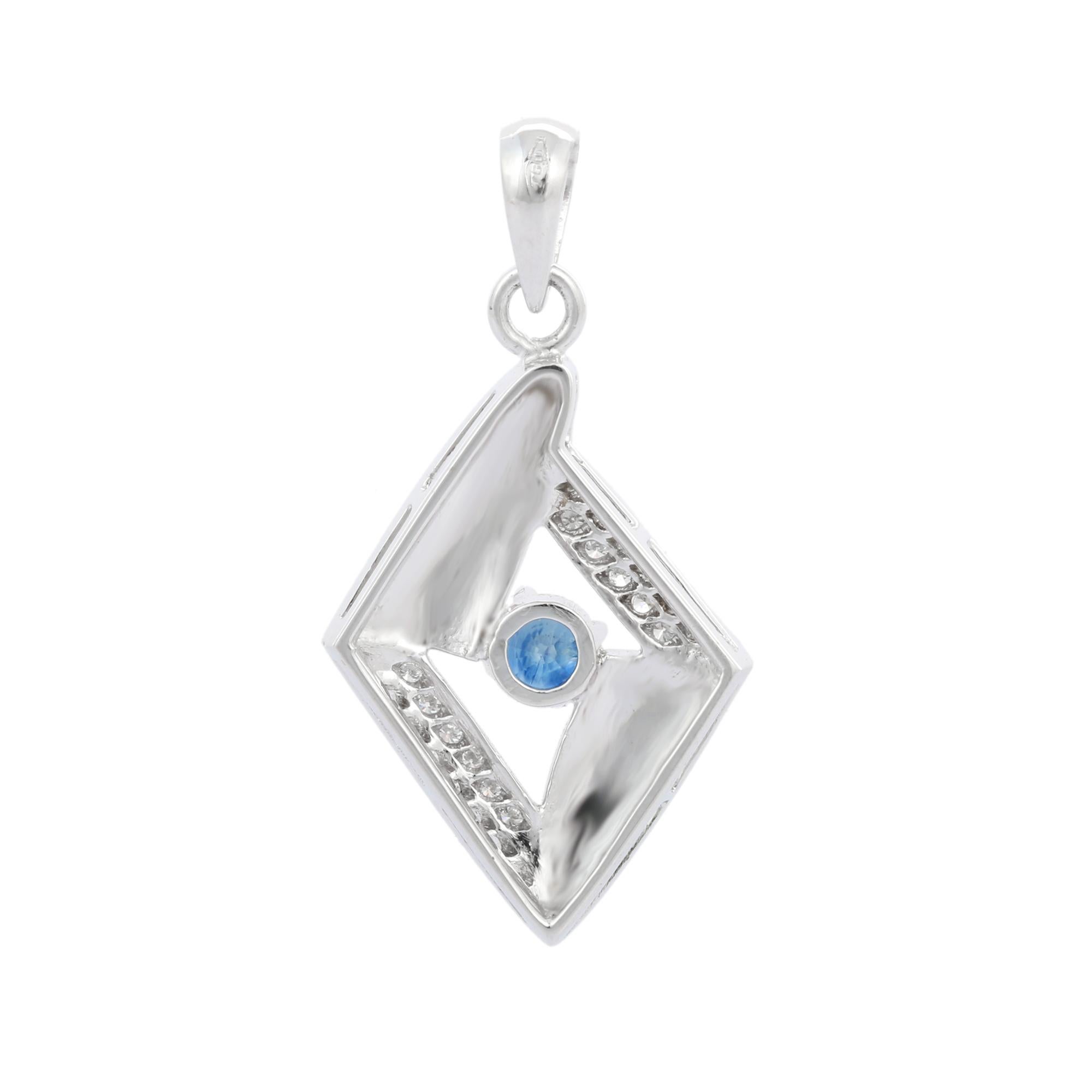 Modern Lozenge Shape Blue Sapphire and Diamond Pendant Studded in 18K White Gold For Sale