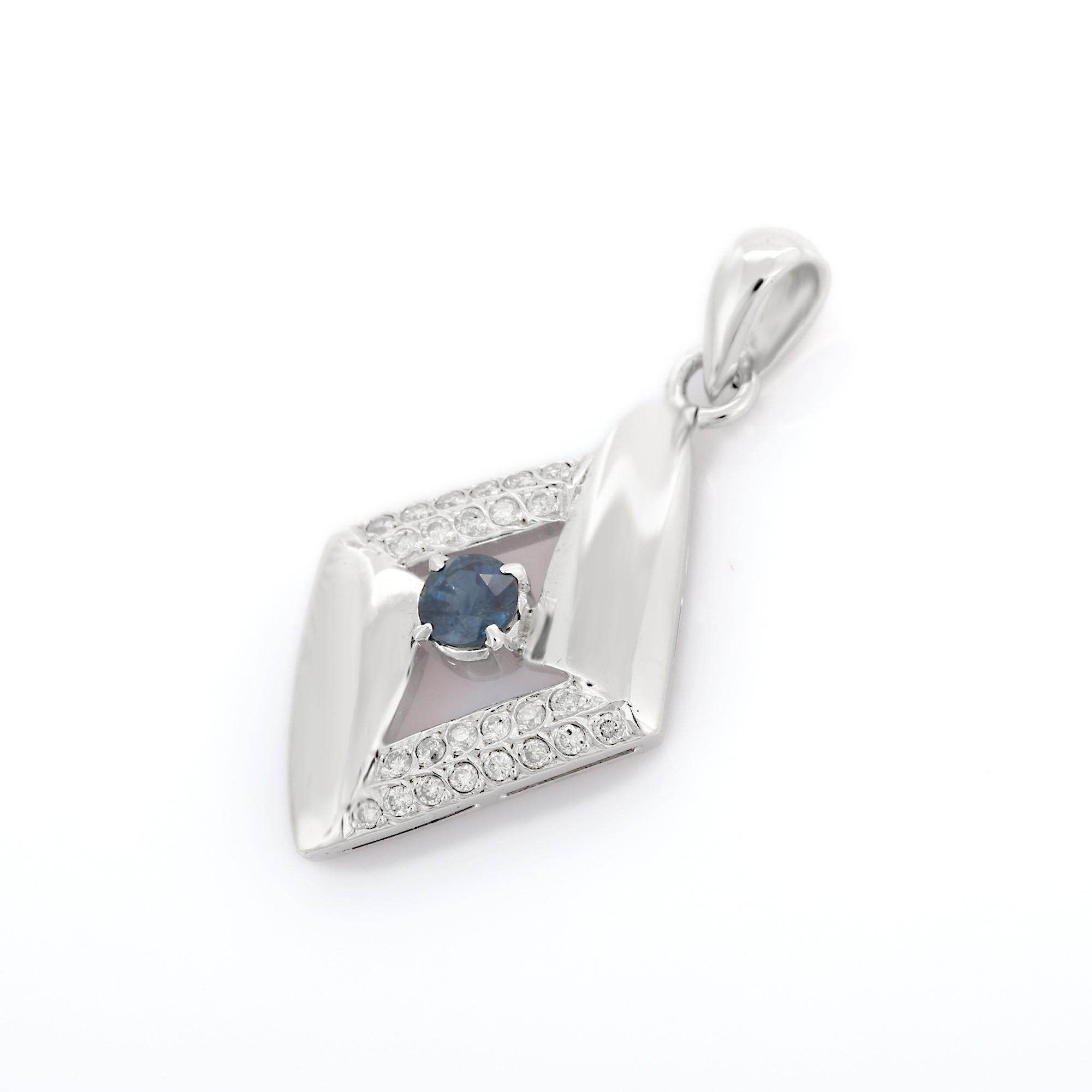 Lozenge Shape Blue Sapphire and Diamond Pendant Studded in 18K White Gold In New Condition For Sale In Houston, TX