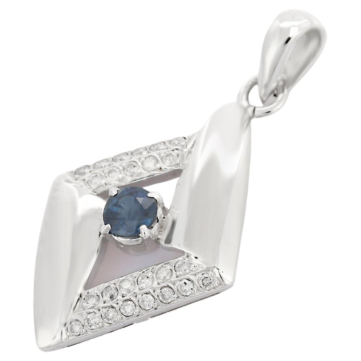 Lozenge Shape Blue Sapphire and Diamond Pendant Studded in 18K White Gold For Sale