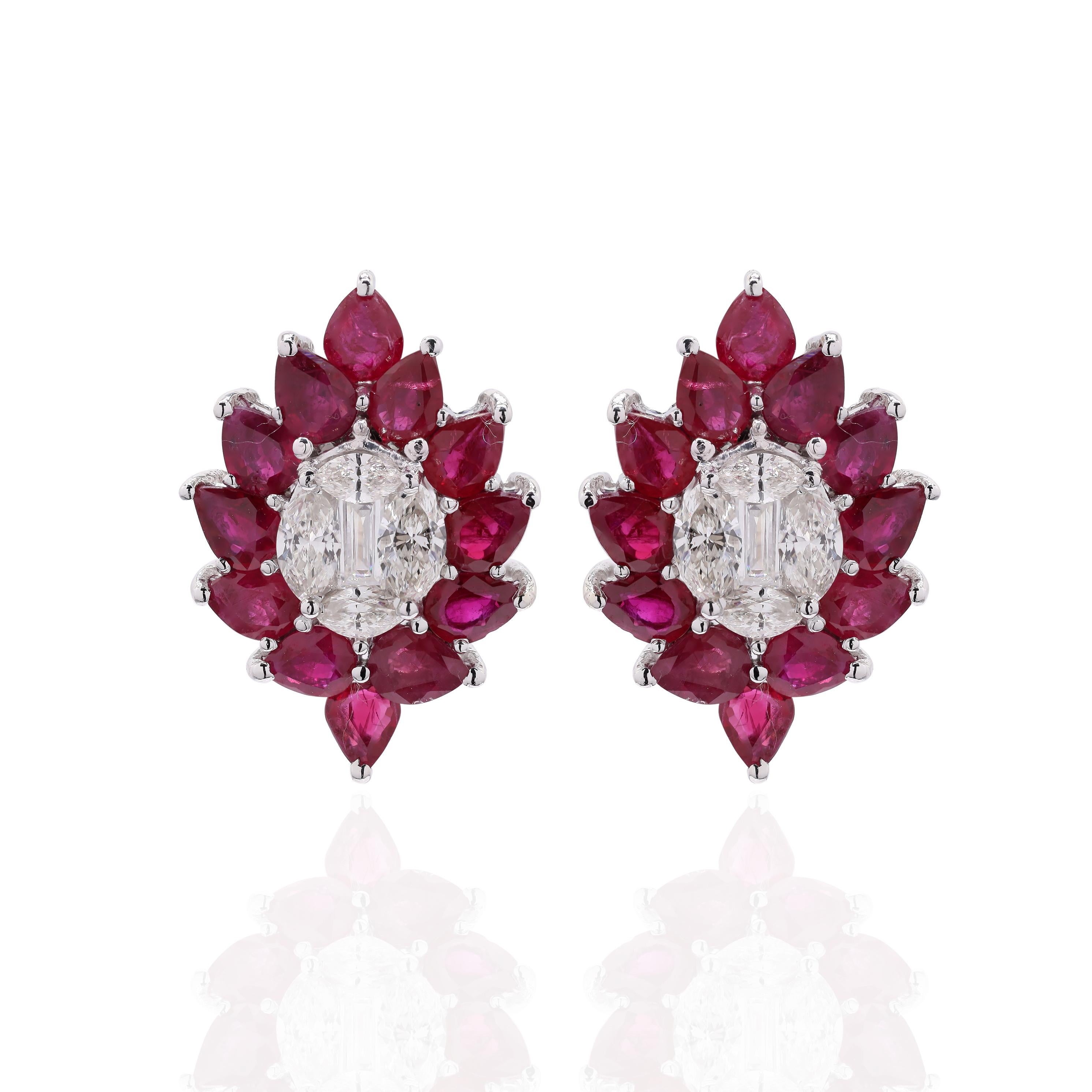 Contemporary 18k White Gold Magnificent Ruby and Diamond Statement Studs For Sale
