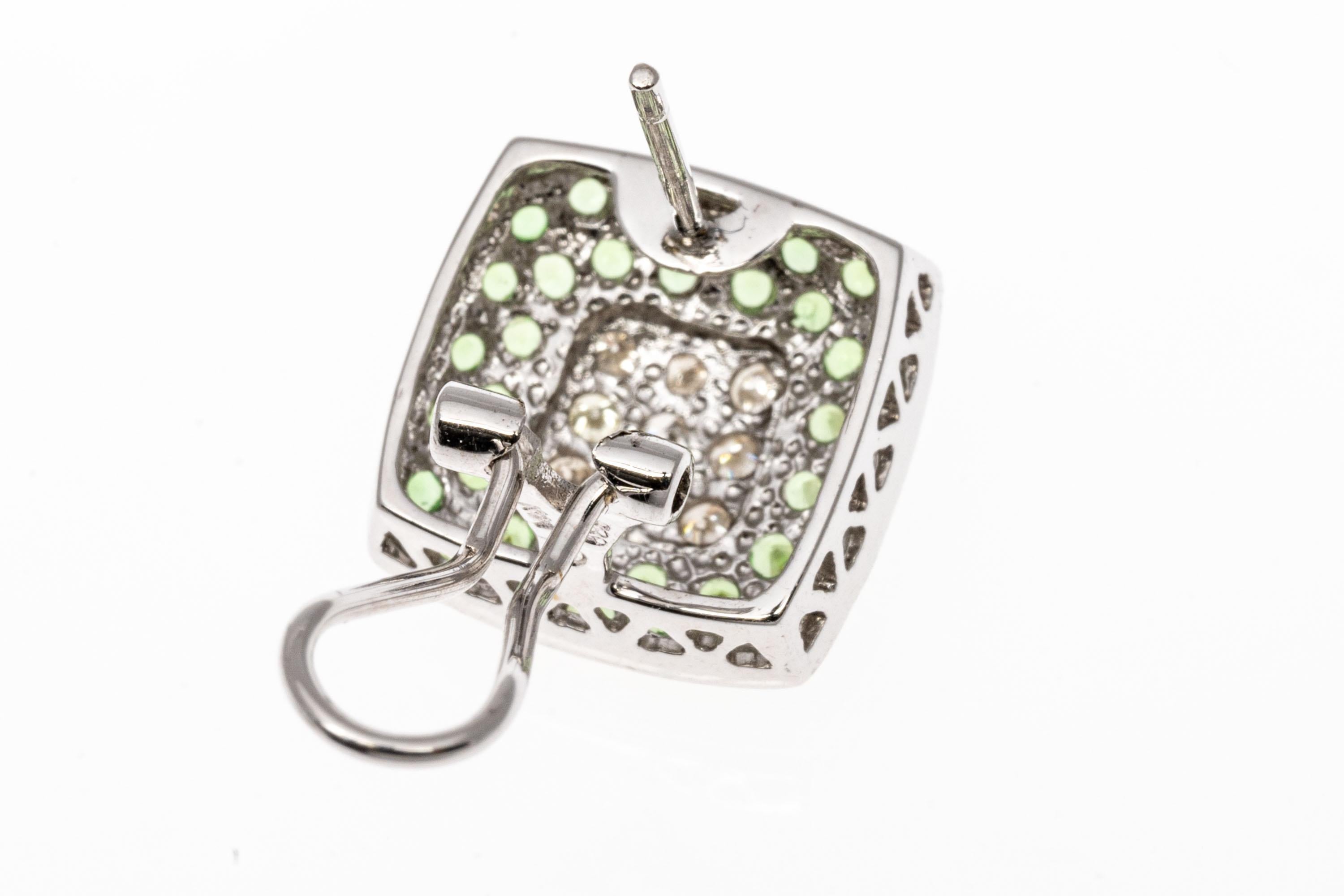 Round Cut 18k White Gold Magnificent Tsavorite and Diamond Pave Set Cushion Earrings For Sale