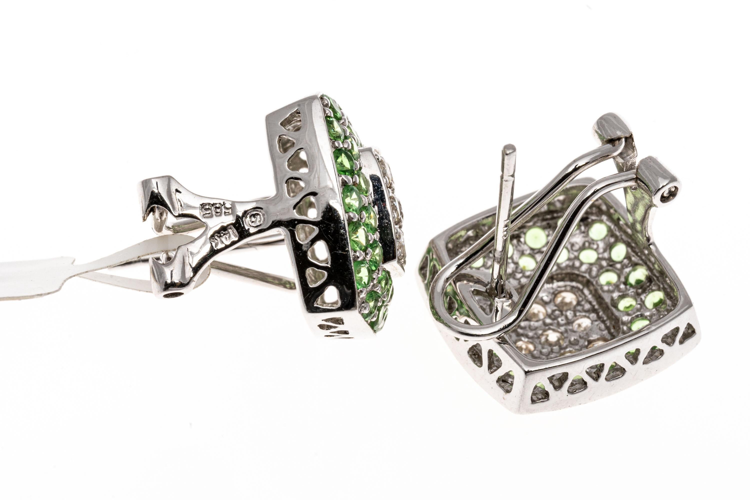 Women's 18k White Gold Magnificent Tsavorite and Diamond Pave Set Cushion Earrings For Sale