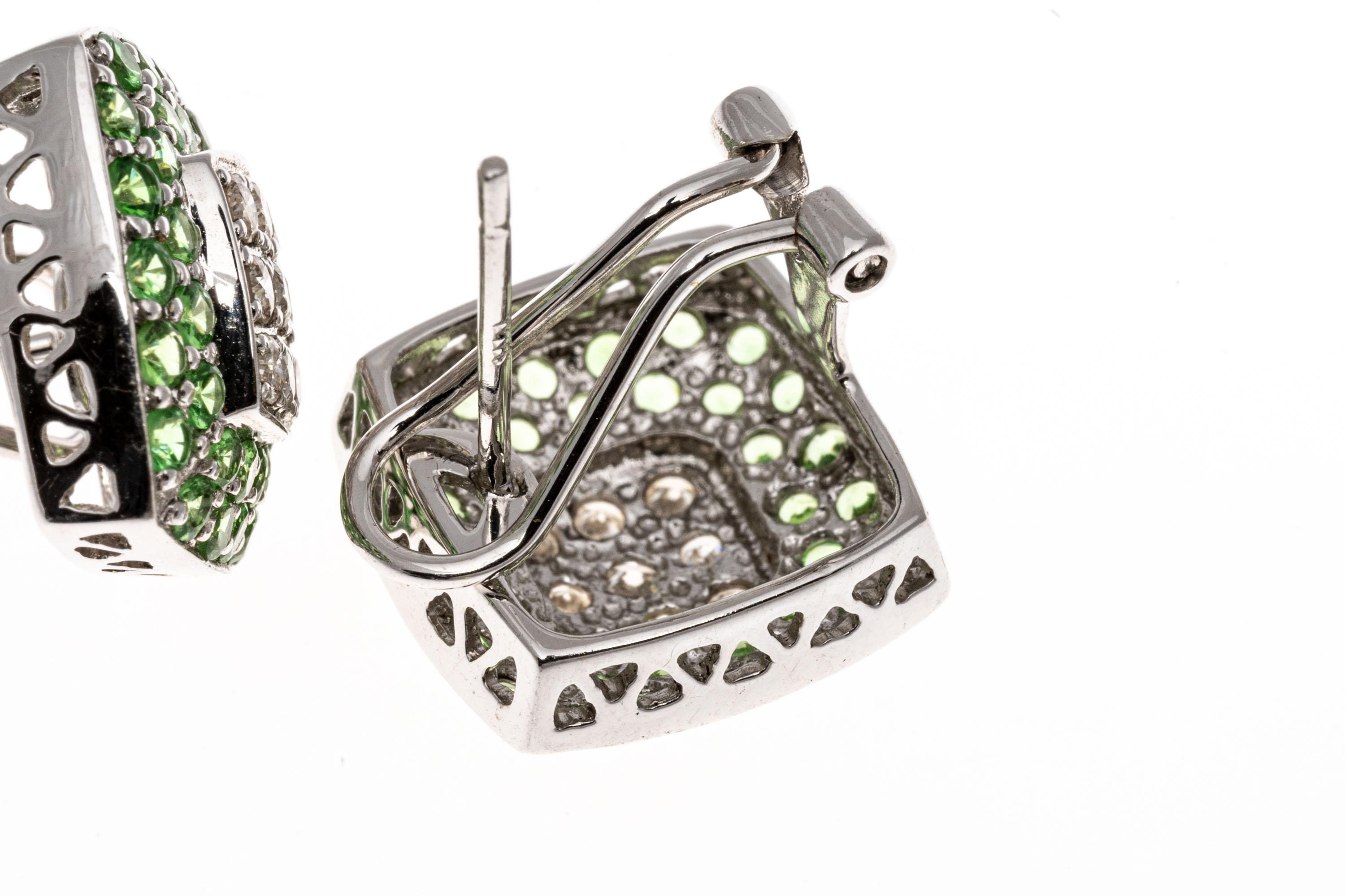 18k White Gold Magnificent Tsavorite and Diamond Pave Set Cushion Earrings For Sale 1